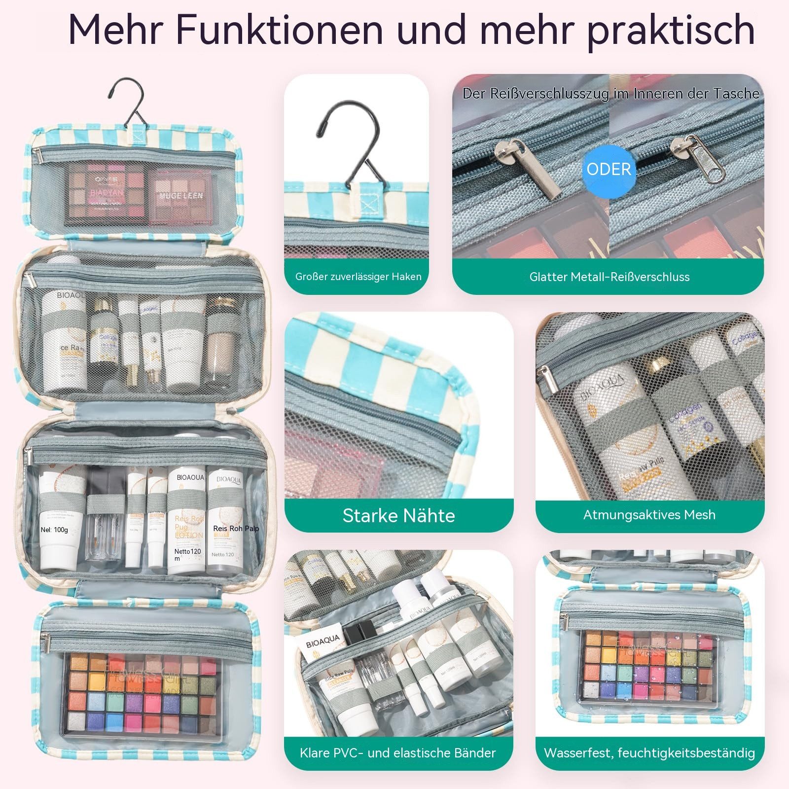 Zyronn Kulturbeutel Reise Kulturtasche Damen, Wasserabweisende Kulturbeutel mit Nassfach, Stilvolle, gestreifte Kosmetiktasche mit Haken