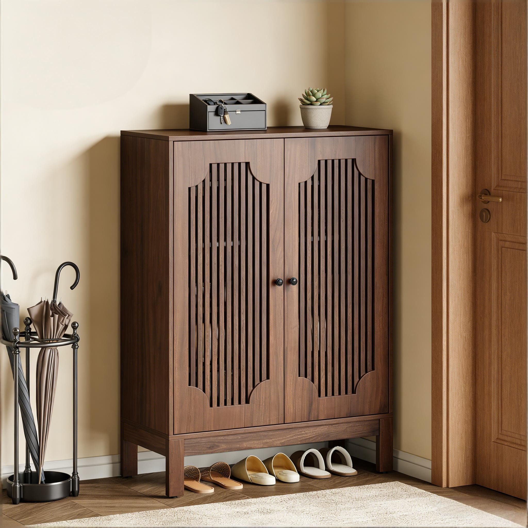 Celya Schuhschrank 5-stöckiger mit Lamellentüren platzsparend für Flur, Wohnzimmer (80 × 35 × 110 cm, mit Großzügiger Stauraum und verstellbare Böden)