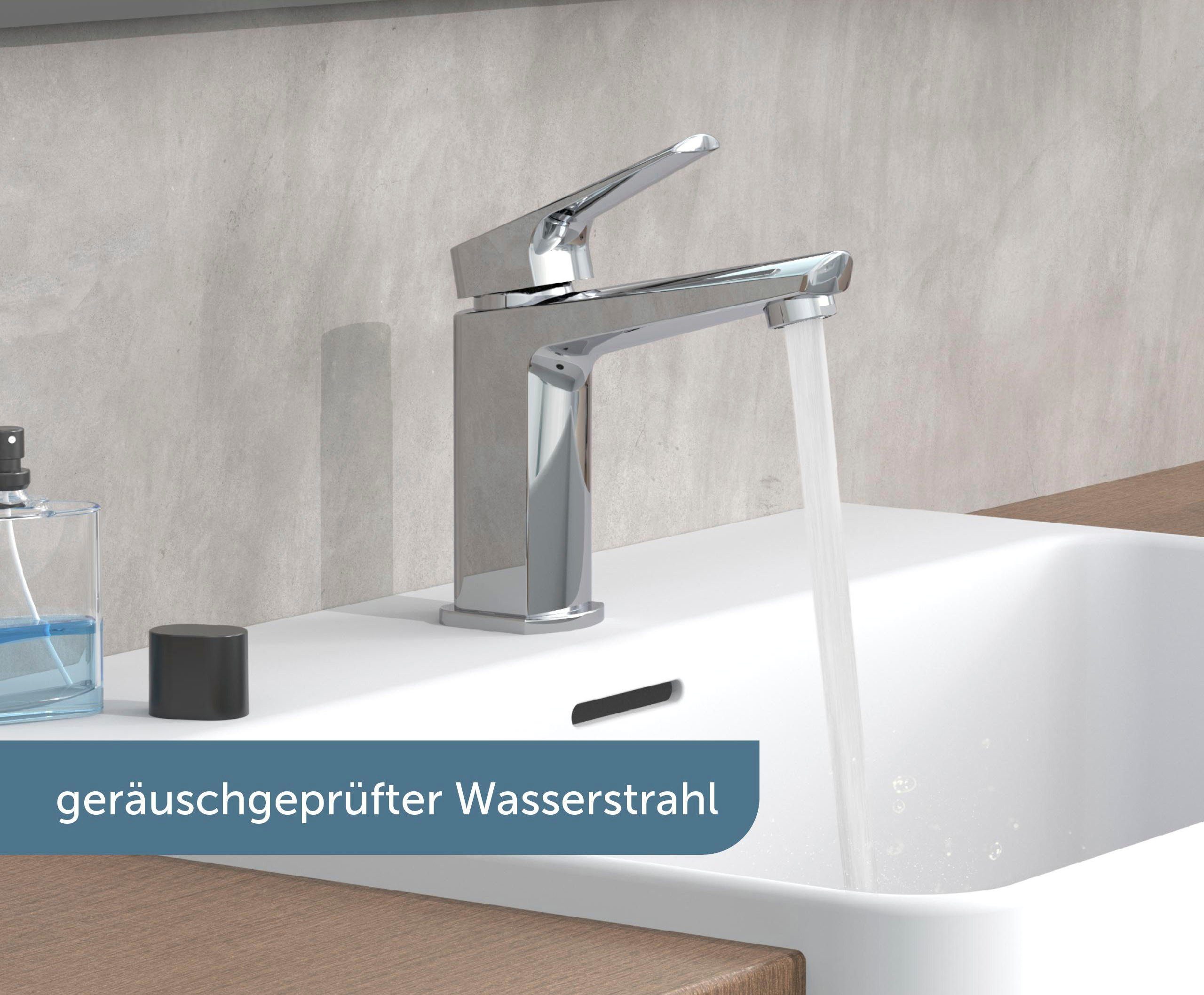 Schütte Waschtischarmatur RAVEN Wasserhahn mit Abflussstopfen Up Pop Mischbatterie silberfarben mit Ablaufgarnitur