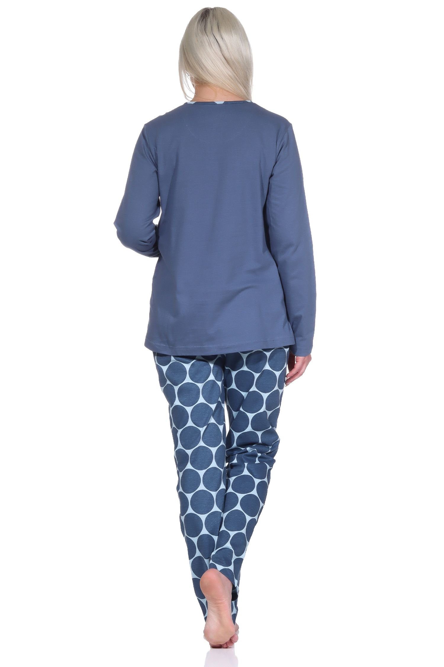 Normann Pyjama Damen Schlafanzug langarm marine Punkte / in mit Hose Pyjama Optik Tupfen