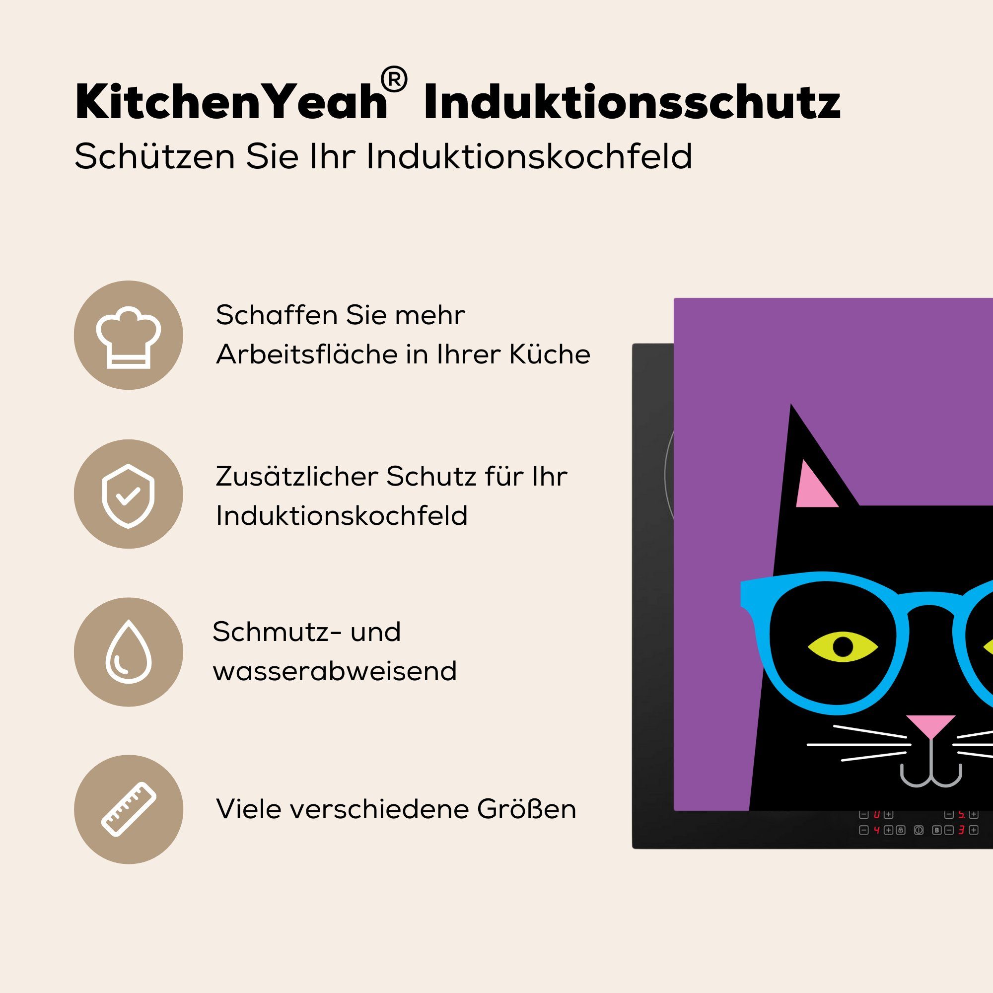 tlg), Vinyl, küche Katze Ceranfeldabdeckung, Brille cm, Arbeitsplatte Herdblende-/Abdeckplatte für (1 78x78 Schwarz, - - MuchoWow