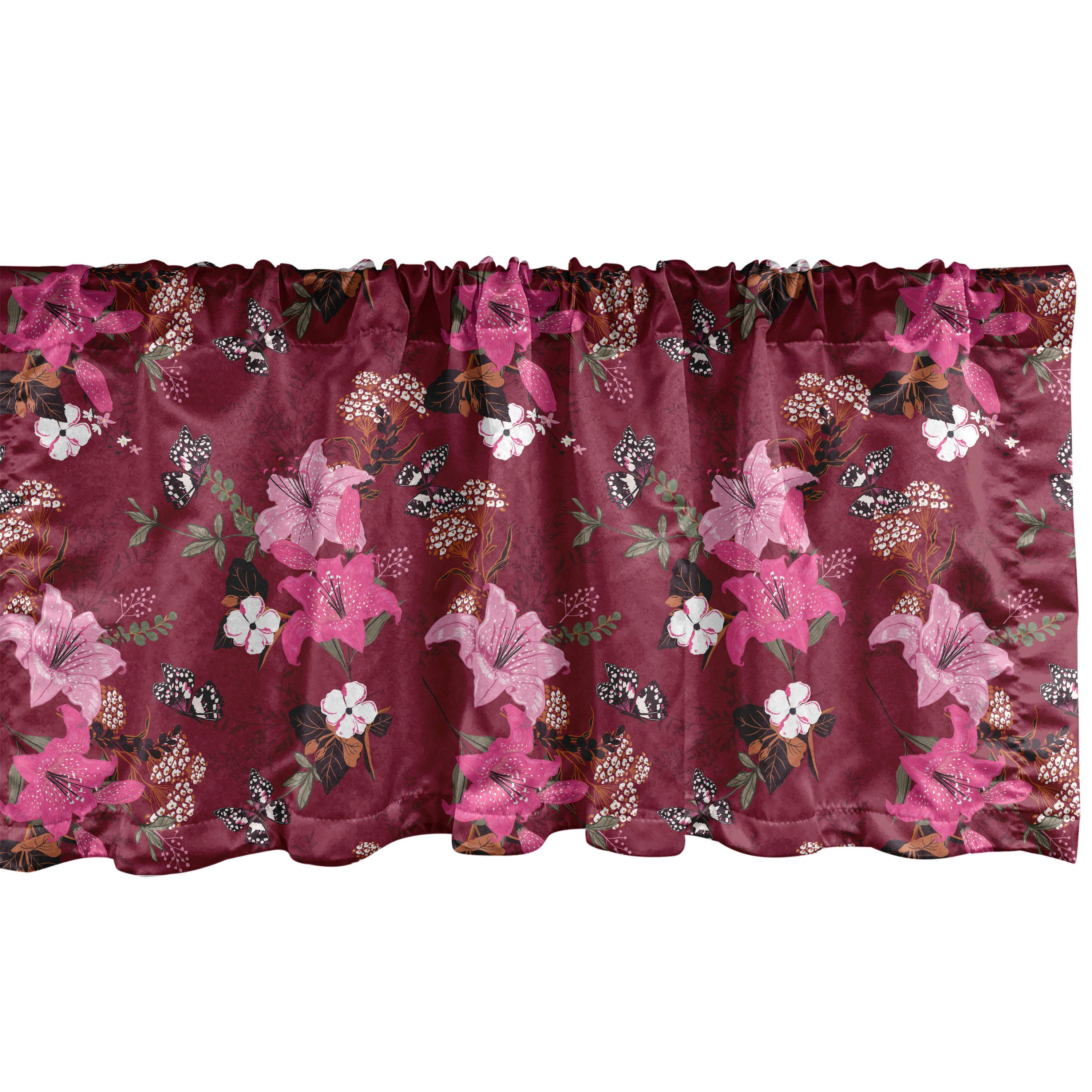Scheibengardine Vorhang Volant für Küche Schlafzimmer Dekor mit Stangentasche, Abakuhaus, Microfaser, Blumen Romantische Lilien Schmetterlinge