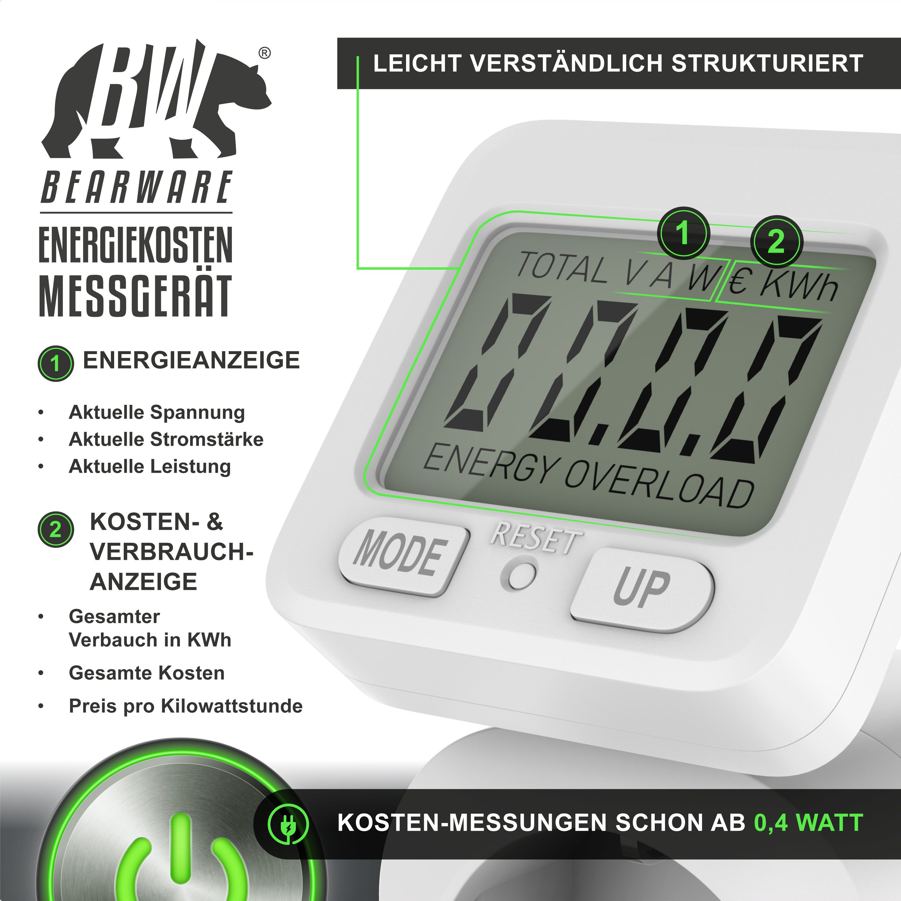 BEARWARE Energiekostenmessgerät max. 3680 W, Strommesser, Stromverbrauchszähler, 1,8 " Display, 1-tlg., Stromkostenmessgerät, Steckdose Stromzähler, Schwenkbares Display