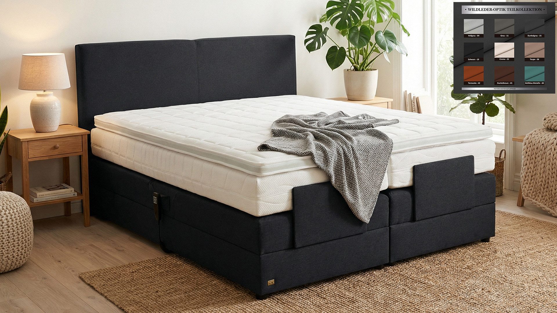 PAARA Boxspringbett Montana elektrisch verstellbar mit Motor alles, inkl. Matratze und Topper, mit einzigartigem Belüftungssystem