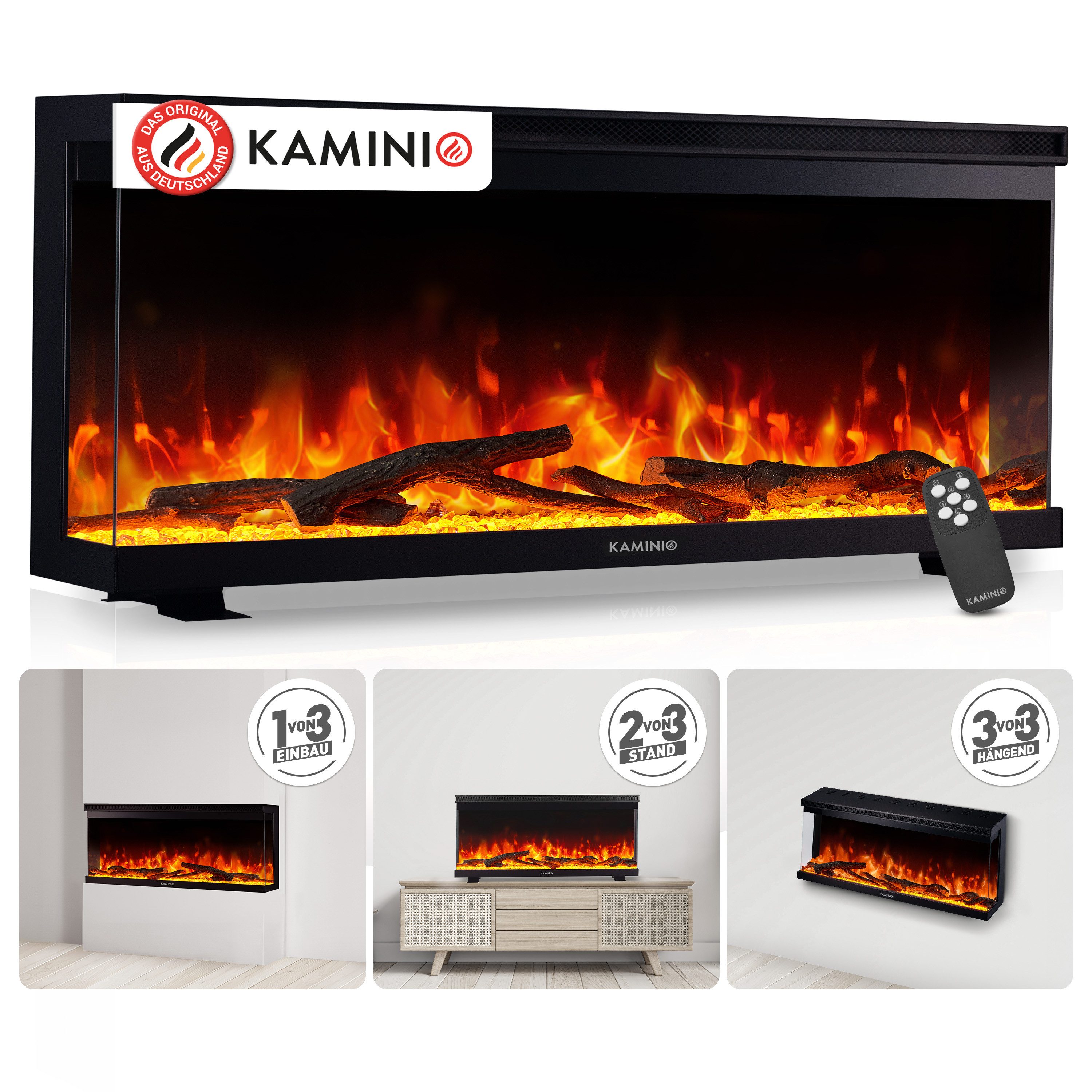 KAMINIO Elektrokamin LEA, 3in1 Kamin: Elektrischer Stand-, Wand- und Einbaukamin, Panoramaview