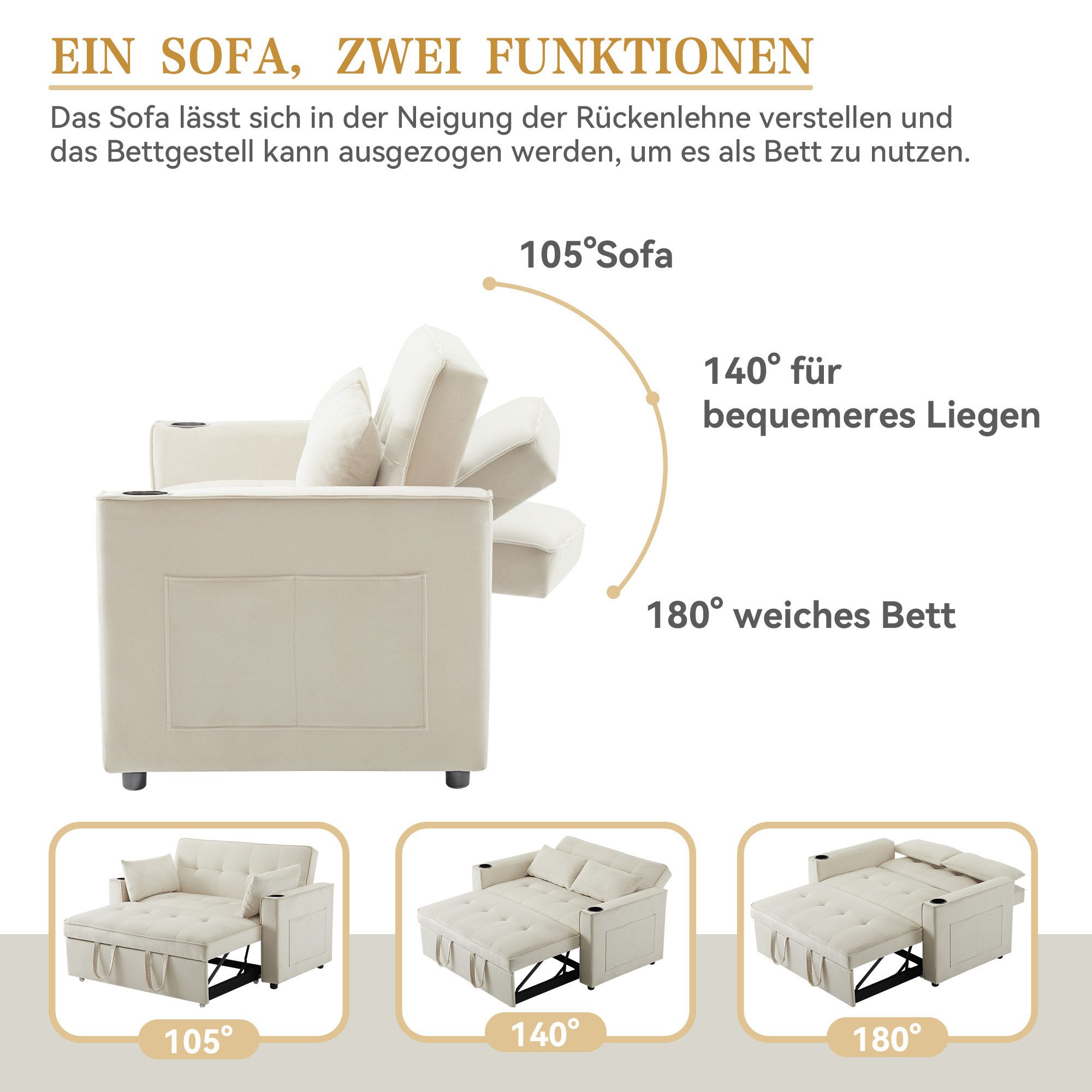 Odikalo Schlafsofa Gepolstertesbett Klappbares Schlaffunktion Getränkehalter Wohnzimmer