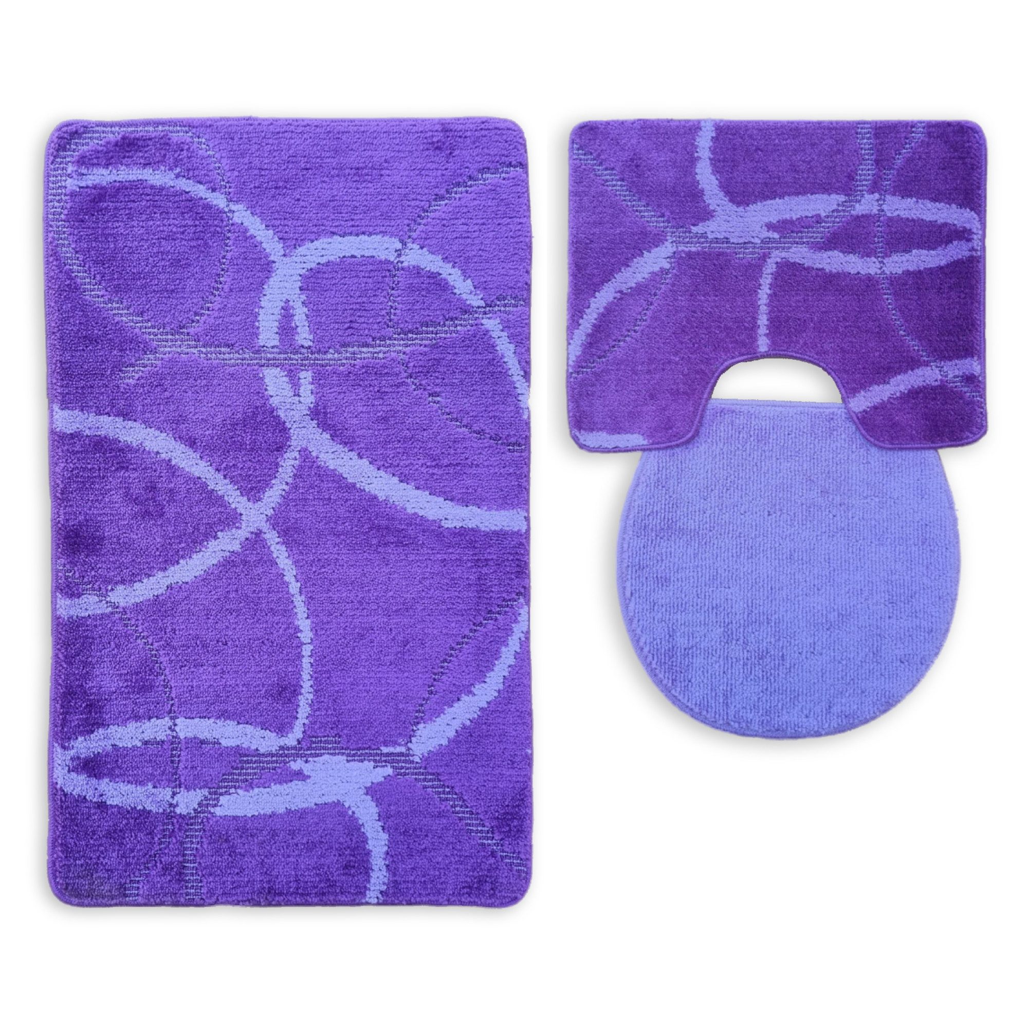 ROLFNERS Badematte 3 tlg Badematte Badezimmerteppich Badteppich Set Lila, Weicher Flor, Rutschfest, Schnell Trocknend, Fußbodenheizungsgeeignet, Polypropylen, Florhöhe ca. 15 mm, Waschbar bis max. 30°C