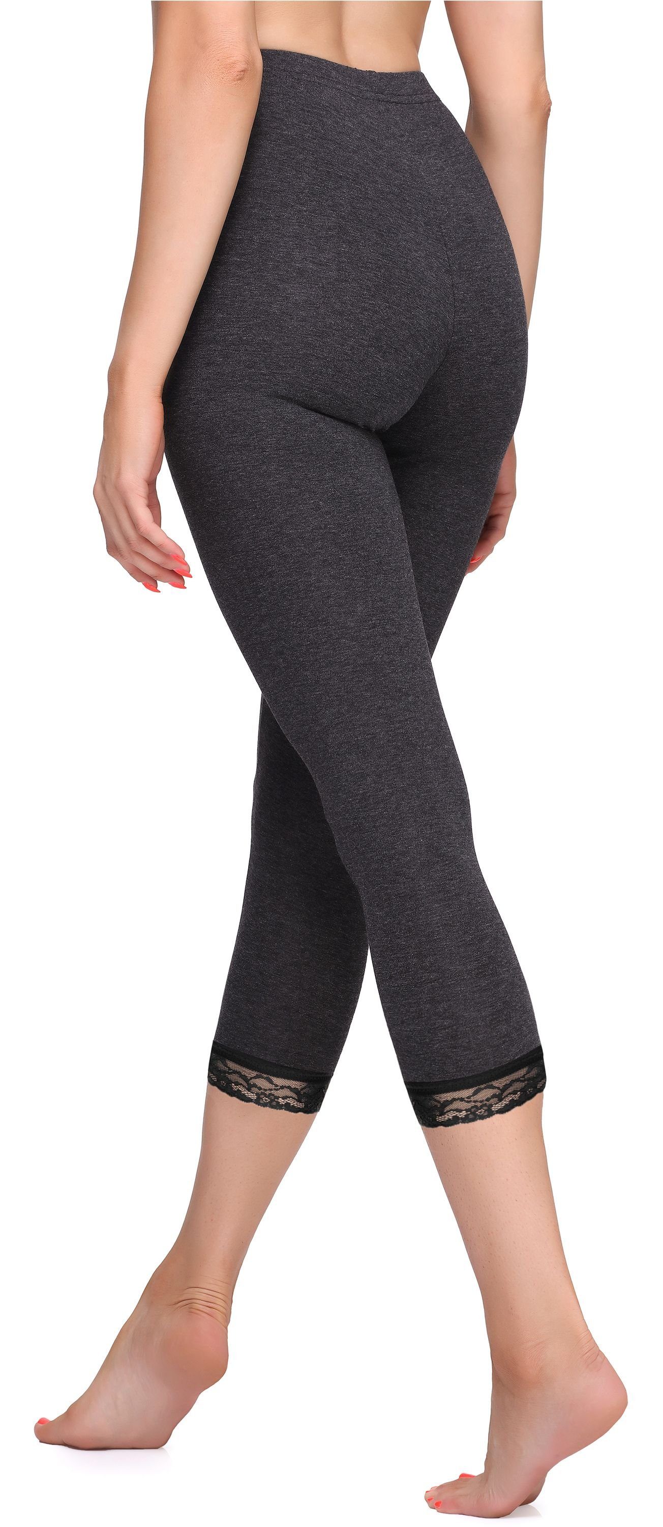 Bund Damen Capri Style mit Spitze Leggings Merry aus elastischer Dunkelmelange/Schwarz Leggings 3/4 (1-tlg) Baumwolle MS10-224