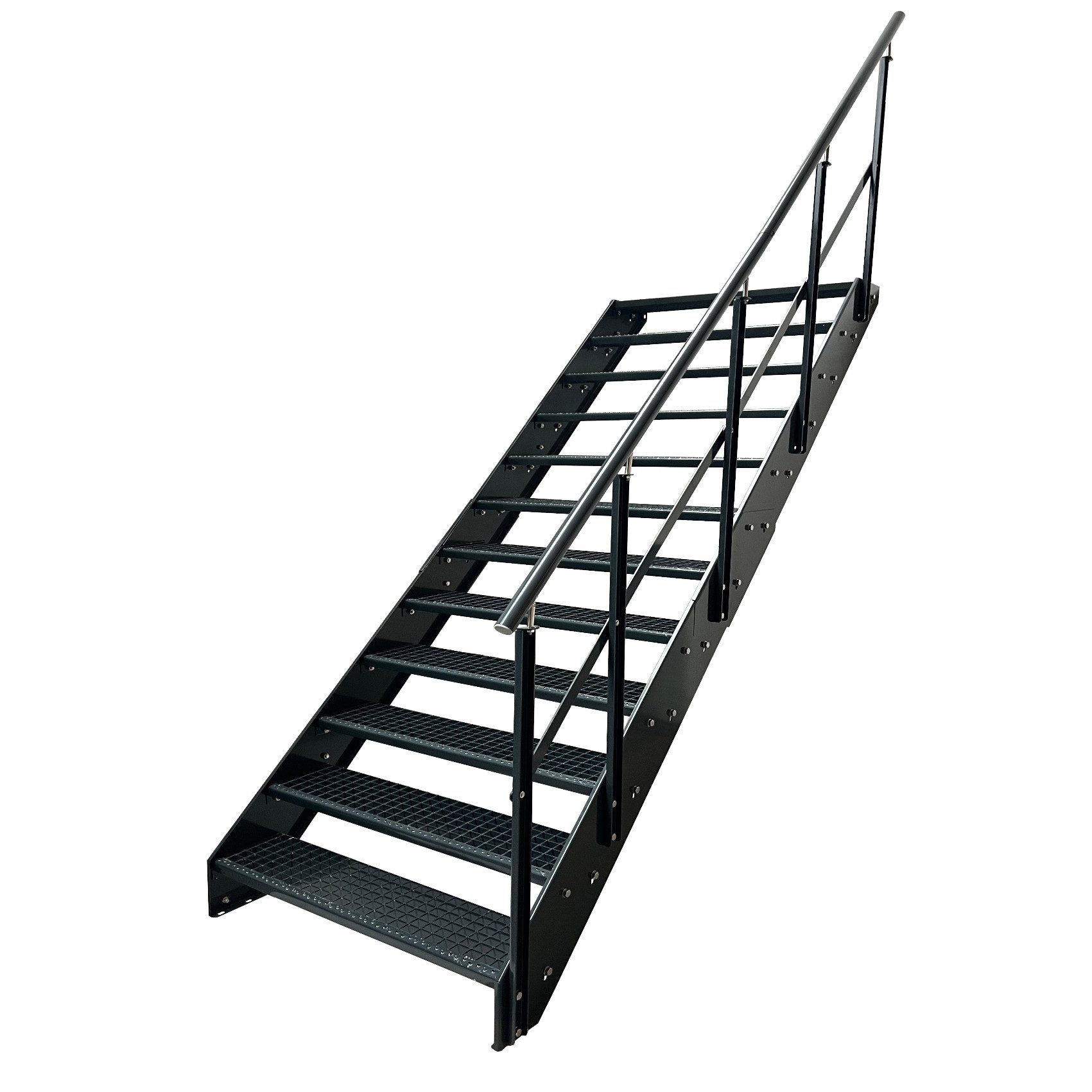 Kaminbau Mierzwa Außentreppe Stahltreppe 12 Stufen Anthrazit mit und ohne Geländer Höhe 228 cm, für Geschosshöhen bis 228 cm, Stufen Gitterroststufen nach DIN 24531, (Stufenbreite und Geländerart wählbar), Aus Premium Materialien hergestellt