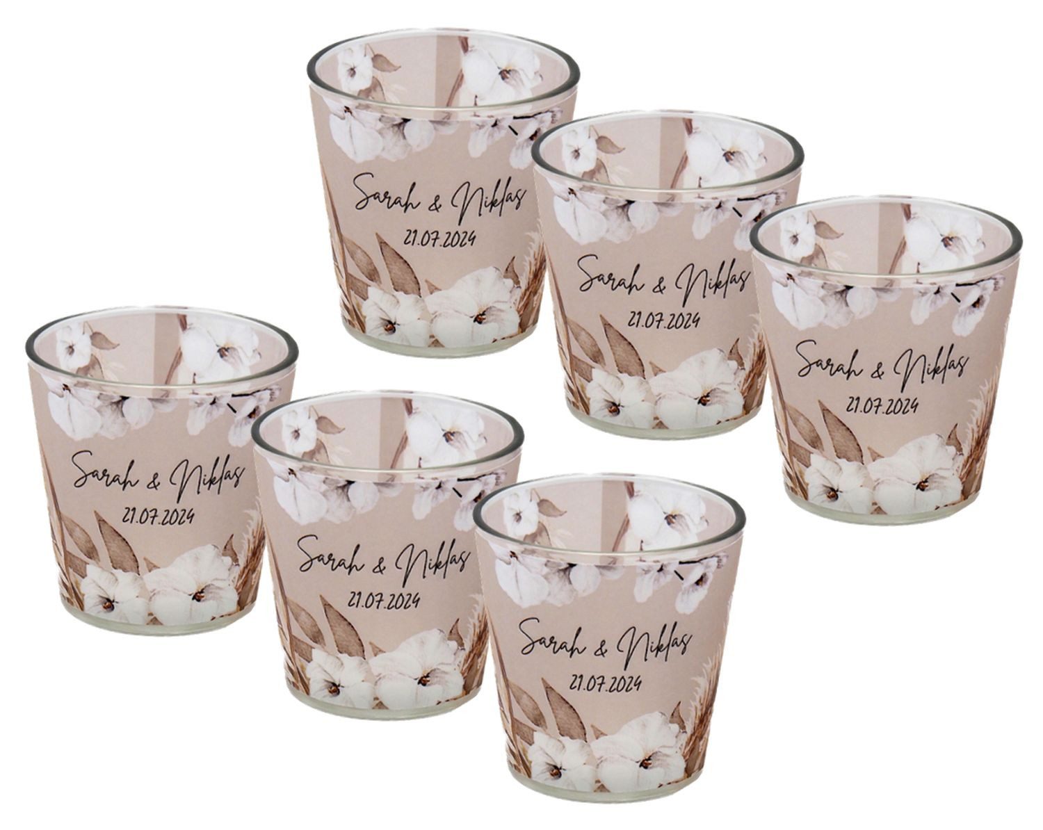 ZauberDeko Teelichthalter Windlicht Banderole Boho Gräser Hochzeit MIT NAMEN Personalisiert