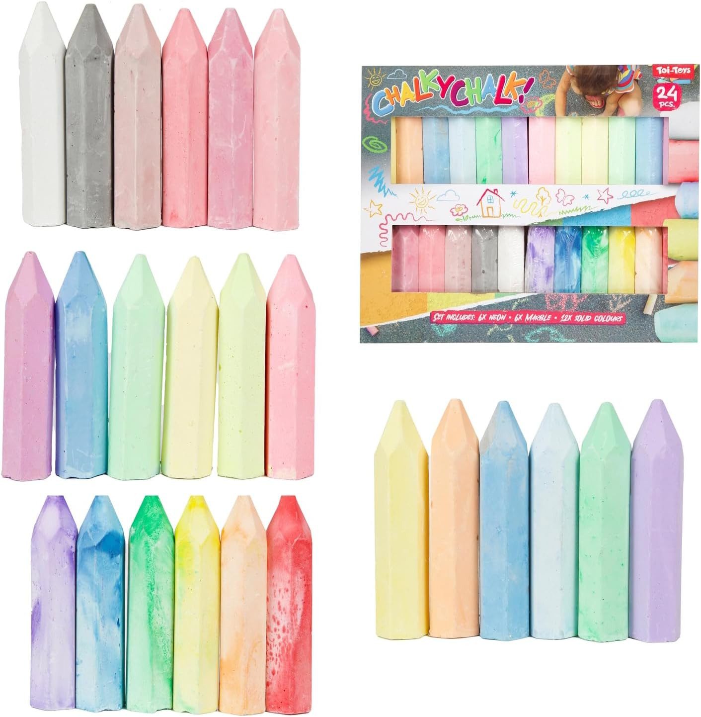 Toi-Toys Malkreide Chalky Chalk Straße bunt Inhalt: 24 Stück neon marble solid, (24 Stück, Malkreide)