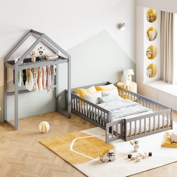 Flieks Massivholzbett, abnehmbares Kinderbett Hausbett mit Regal und Kleiderstange 90x200cm