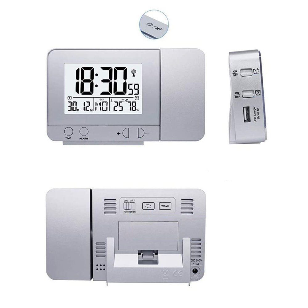 TUABUR Projektionswecker Digitaluhr Projektion Zeit-Temperatur für Projektionswecker Silber mit