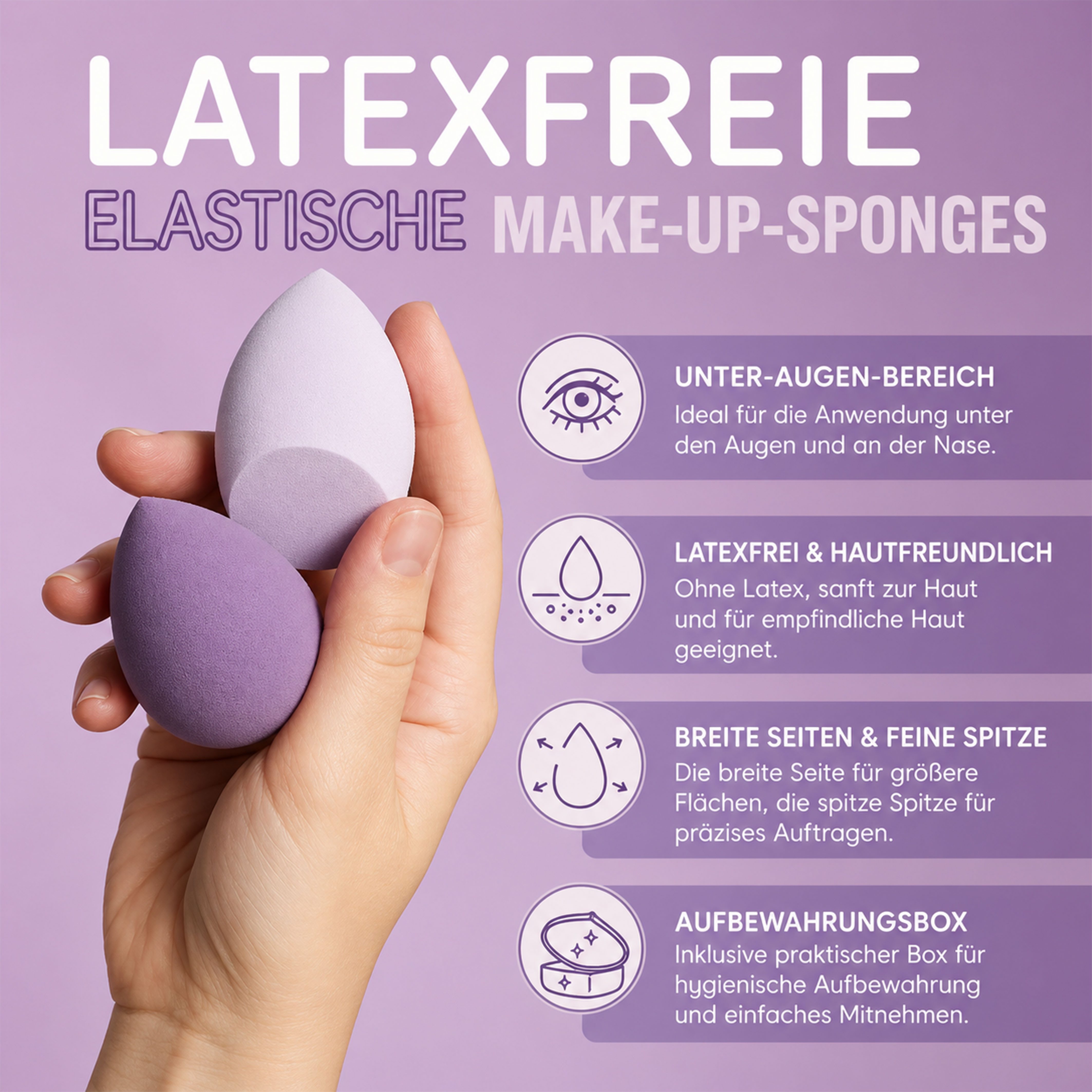 Jungengel Schminkschwamm Beauty Blender Make Up Schwamm Set Kosmetikschwämme Blender Box, Set, 4 tlg., 4 Make-up-Schwämme in verschiedenen Formen und Lilatönen, Latexfreie Beauty Blender mit Aufbewahrungsbox