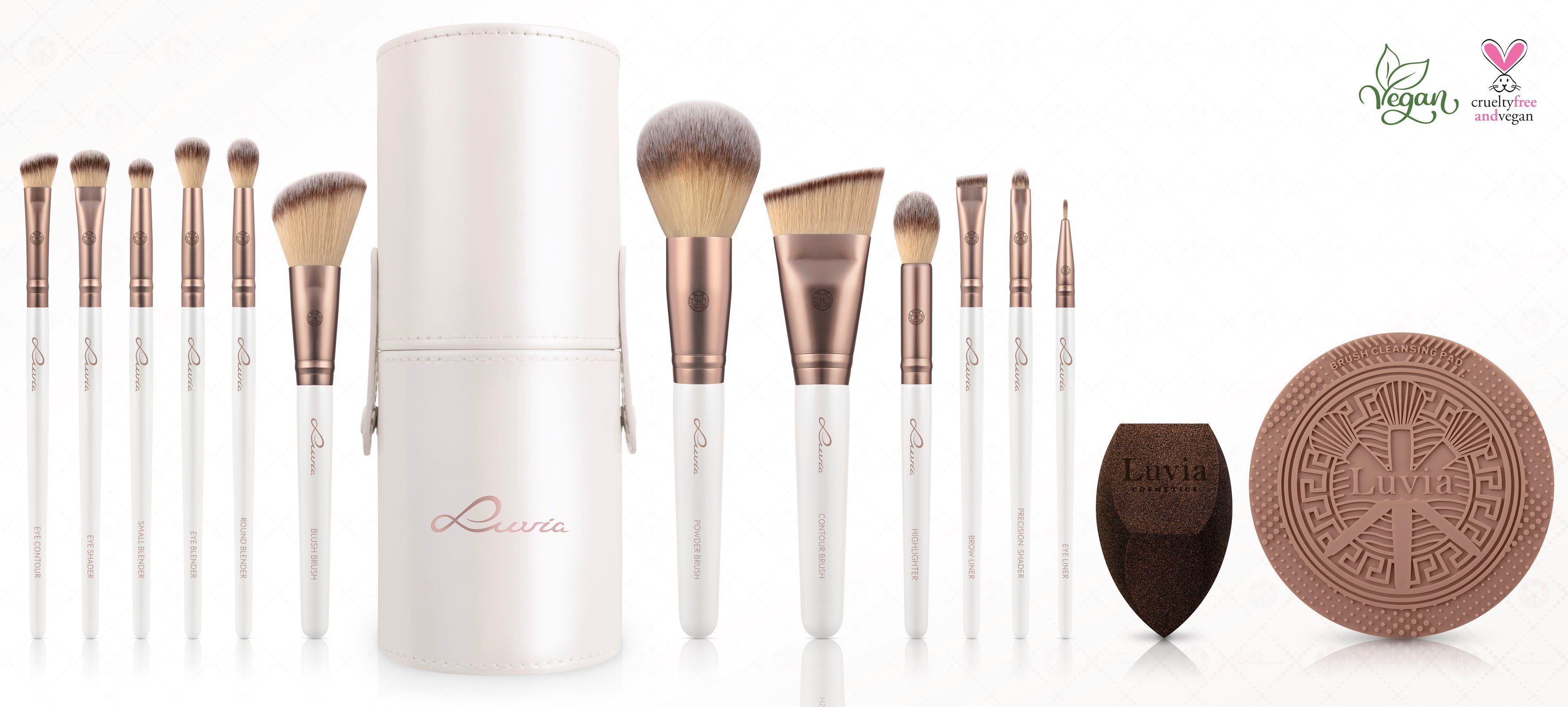 Luvia Cosmetics Kosmetikpinsel-Set PRIME VEGAN PRO, 15 tlg., Mit 12 Pinseln aus Nurai-Haar, Schwamm und Reinigungsmatte, vegan.