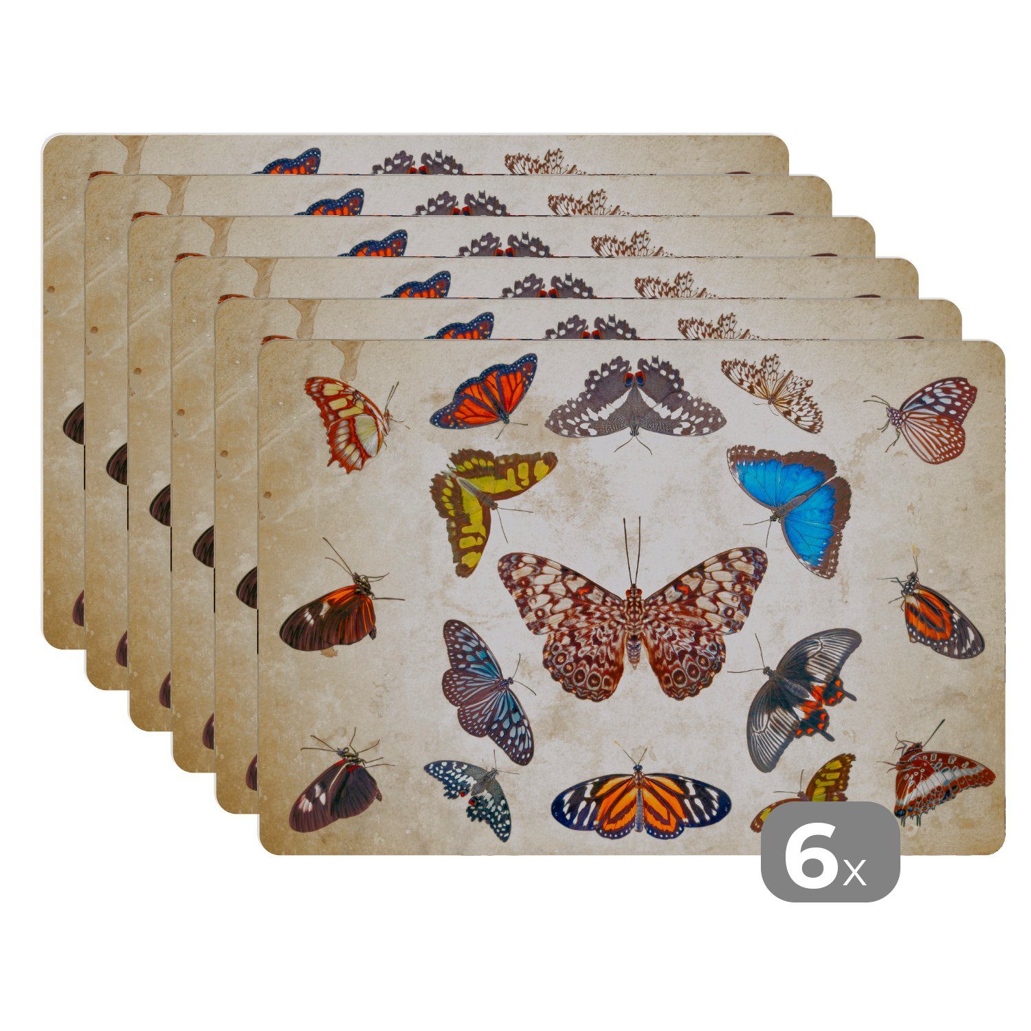 Platzset, Botanischer Druck Schmetterlinge, MuchoWow, (6-St), Platzset, Platzdecken, Platzmatte, Tischmatten, Schmutzabweisend