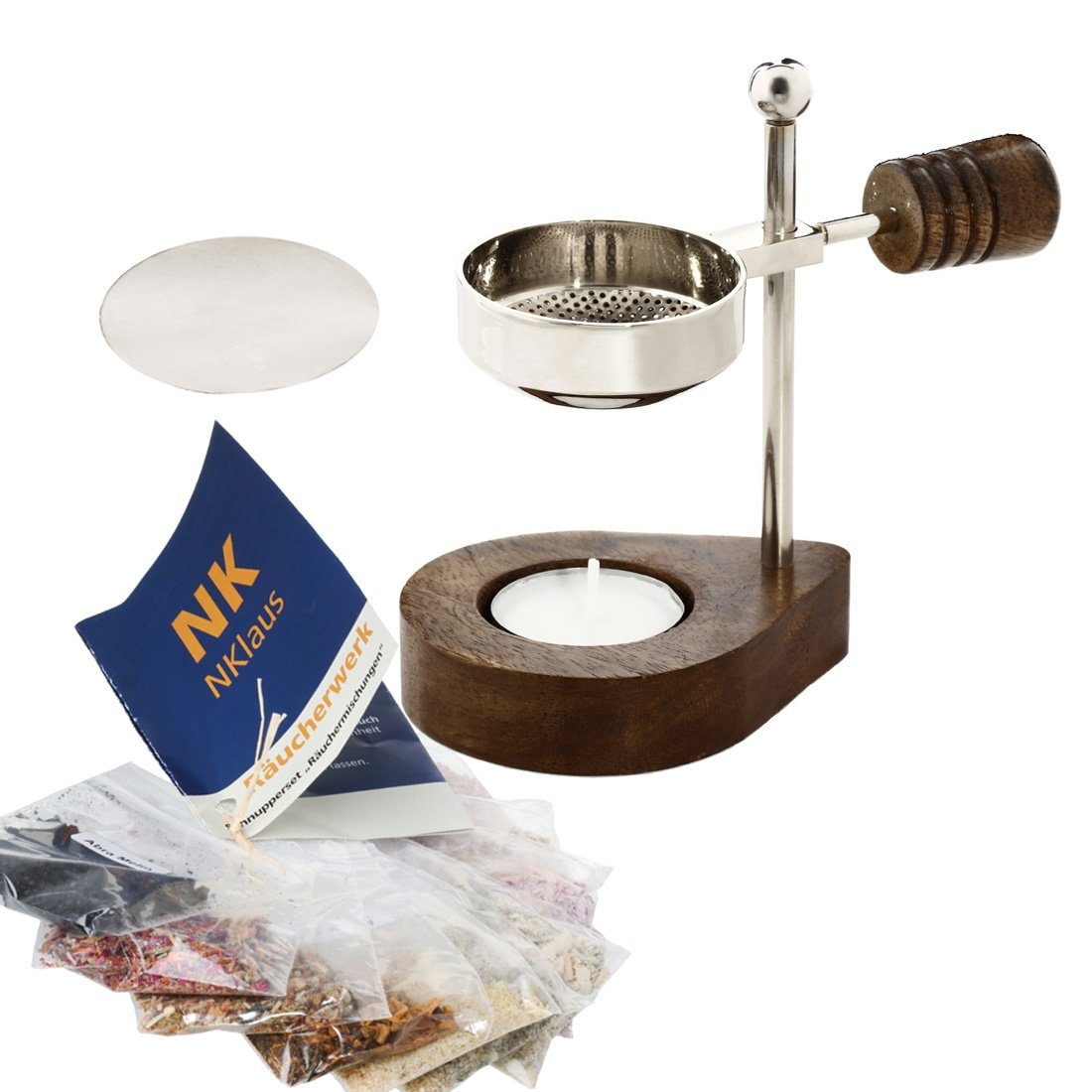 NKlaus Räucherschale 12tlg Set 1x Räucherstövchen Holzgriff 10x Räucherwerk 1x Plättchen Si, Räucherstövchen