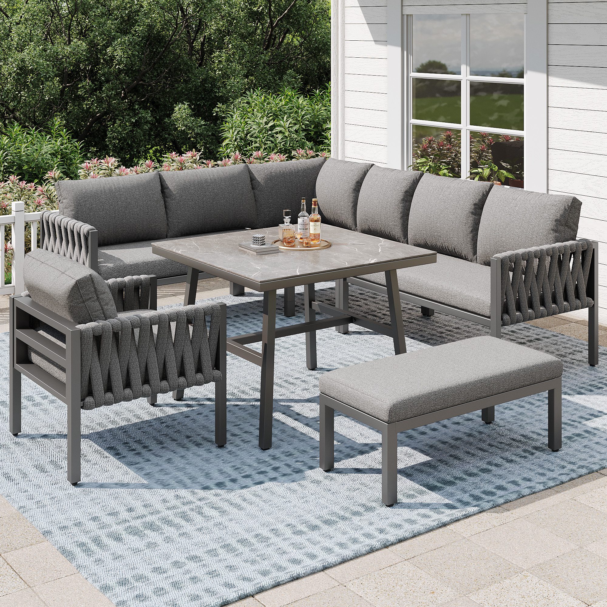 OKWISH Sofa Gartenmöbelset,mit verzinktem Eisengestell, Modernes Gartenmöbelset mit Seilgeflecht – Verstellbare Beine, Tischplatte aus gehärtetem Glas 1 Teile, mit Relaxfunktion