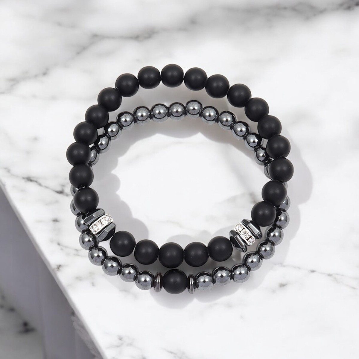 KARMA Perlenarmband Set Armband Schwarz Silber Metall Herren modern (Geschenk füf ihn), Herrenarmband Armbandset Dehnbar – Bild 5 von 5