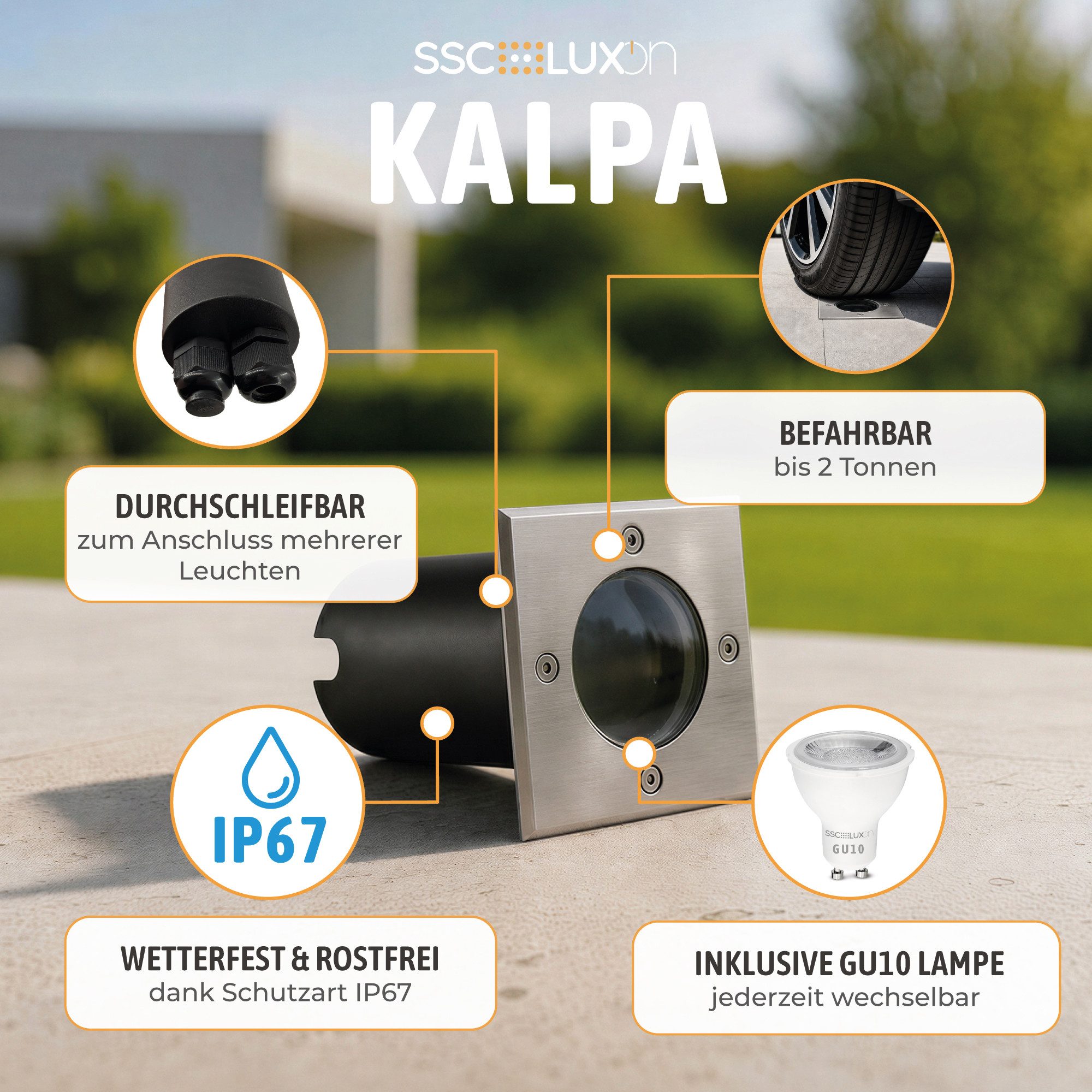 SSC-LUXon LED Gartenstrahler KALPA Bodenleuchte IP67 mit LED GU10 3W dimmbar mit 3 Lichtfarben 3CCT, Neutralweiß, Warmweiß, Tageslichtweiß