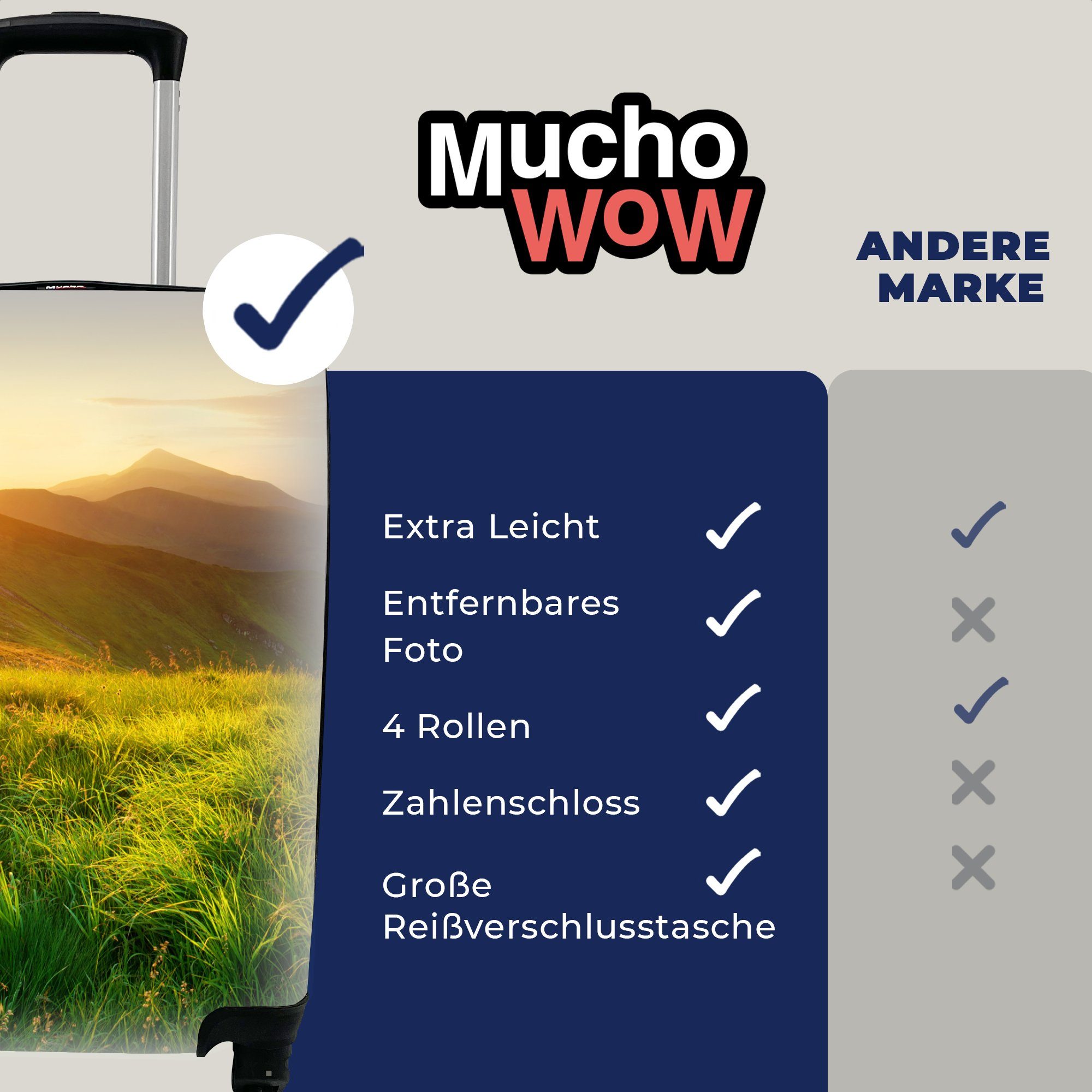 Reisetasche - Handgepäckkoffer Landschaft, Reisekoffer Handgepäck Gras Natur 4 - rollen, mit - für Rollen, - Trolley, Hügel Sonne Ferien, MuchoWow