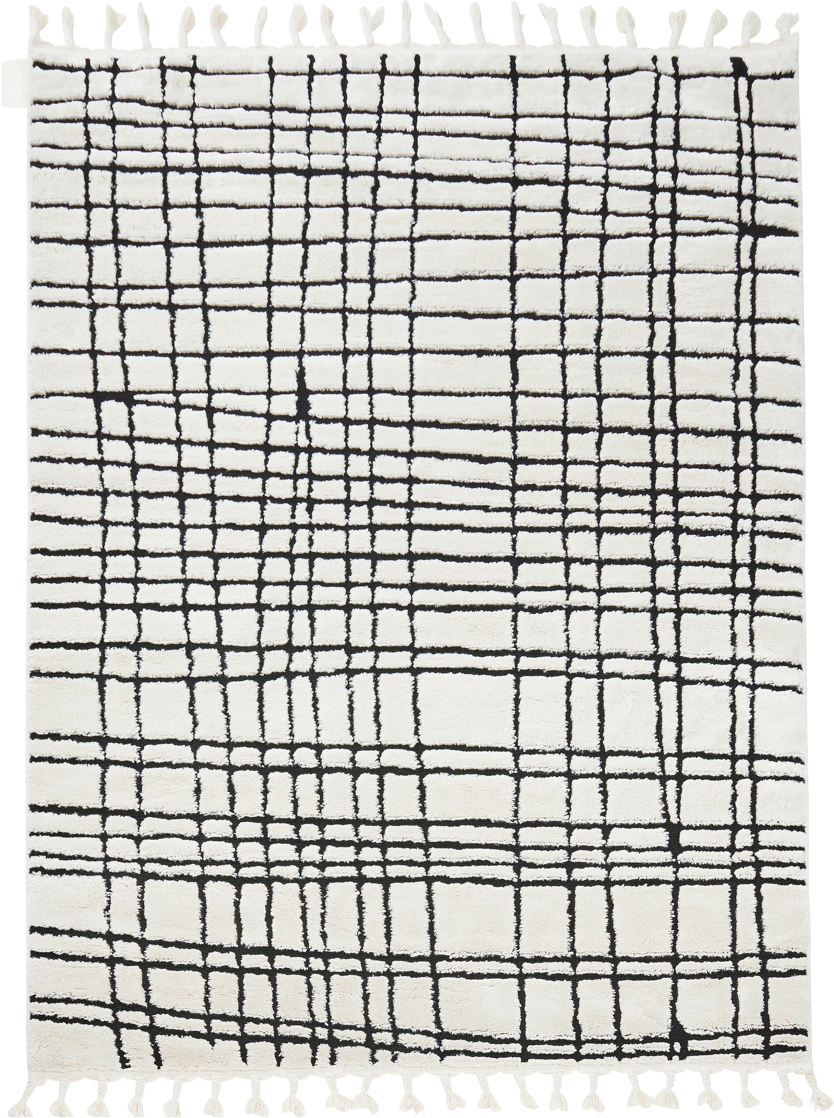 done.® Teppich RIVER, rechteckig, Höhe: 10 mm, modernes Scandi Design, kariert, Hoch-Tief Effekt, mit Fransen