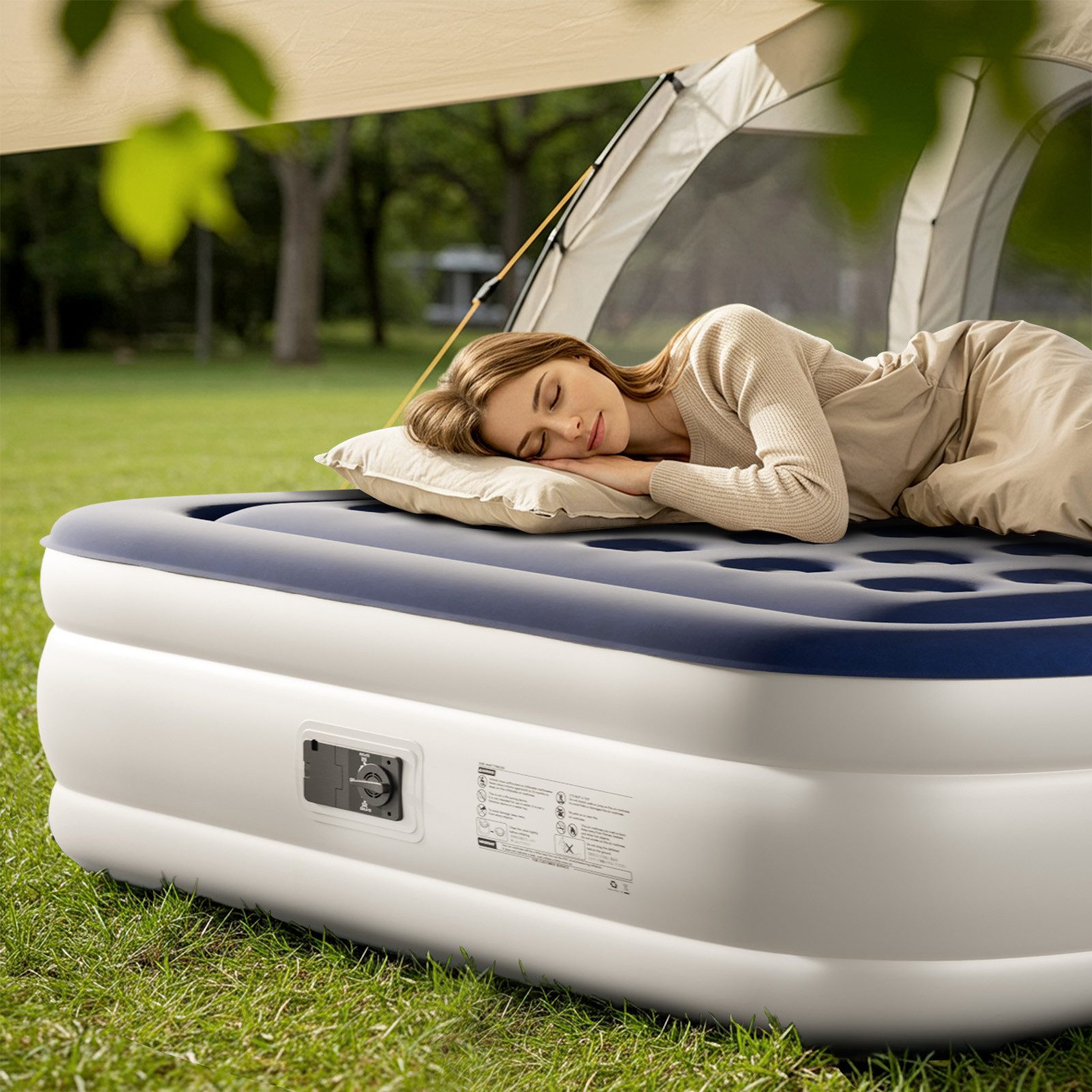 LALAHO Luftmatratze mit eingebauter Pump,Isomatte Camping Outdoor,203 x 153 x 45 cm, Aufblasbare Matratze 2 Personen, mit Pumpe, Tasche, für Camping,Gäste