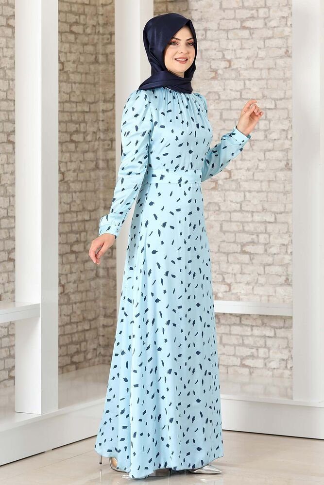 Satin Mode Abiye Satinkleid gemustertes Hijab Kleid aus Modavitrini Baby-Blau Abendleid Abaya