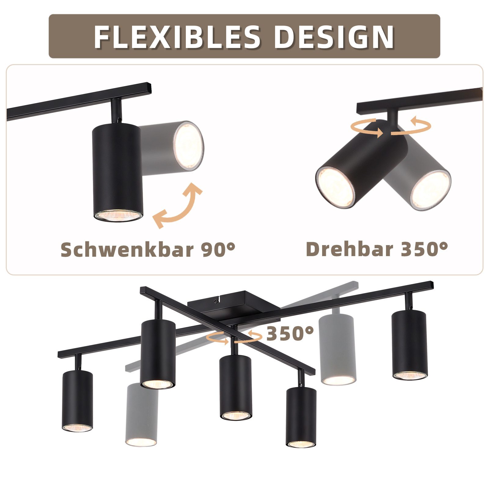 ZMH Deckenstrahler 5 Flammig Schwarz/Weiß GU10 Spots Deckenlampe für Schlafzimmer, ohne Leuchtmittel, Wohnzimmerlampe 350° Schwenkbar Modern Strahler – Bild 4 von 5