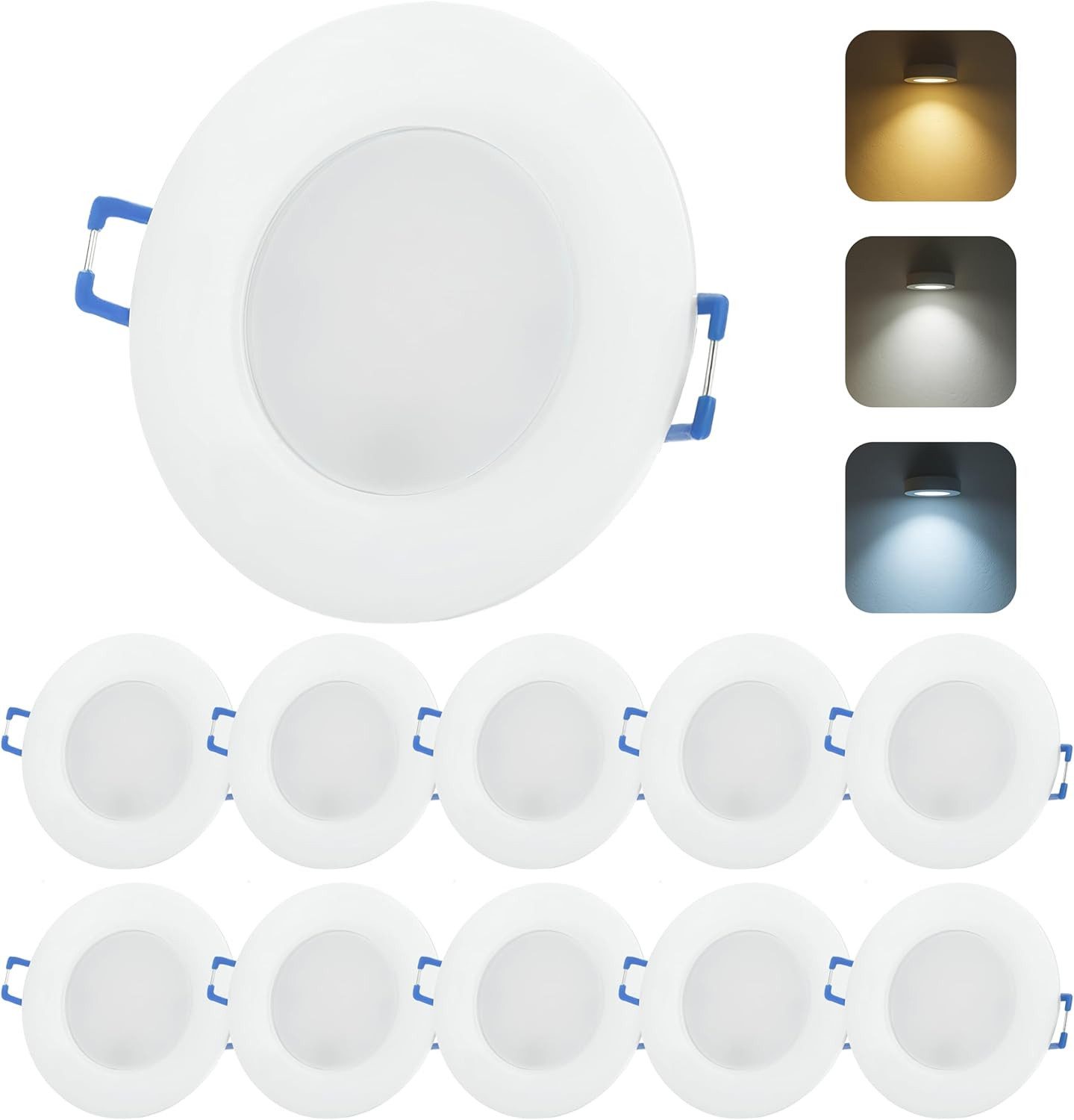 Sweet LED LED Einbaustrahler 10er SET IP44 CCT 230V LED Einbauspot flach 3000K 4000K 6500K Weiß, 3000K - 4000K - 6500K, Warmweiß - Neutralweiß - Kaltweiß, Deckenspots, Ø 85 mm, Einbauleuchten