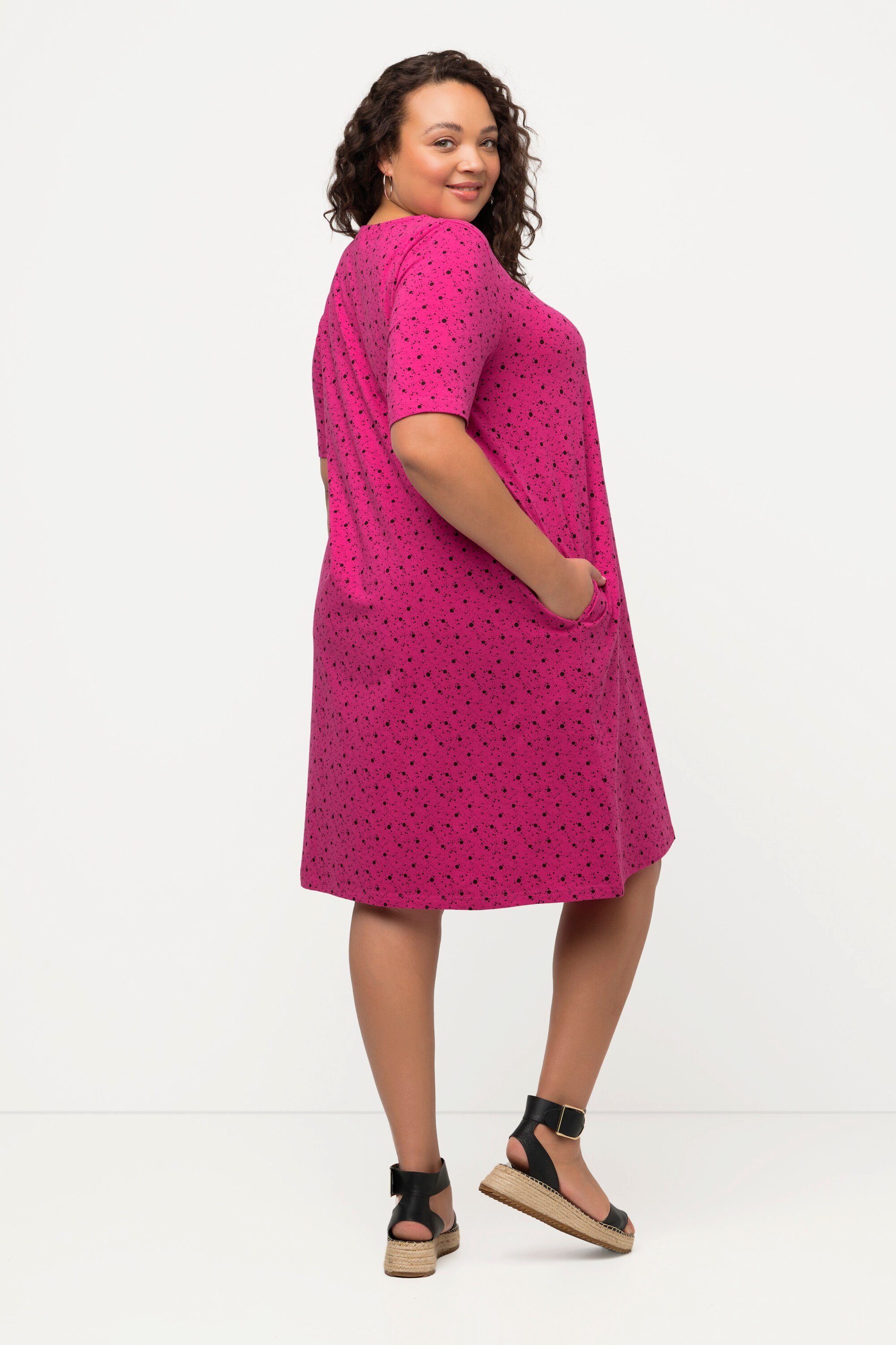 Ulla Popken Halbarm A-Linie Jerseykleid Kleid fuchsia Punkte V-Ausschnitt pink