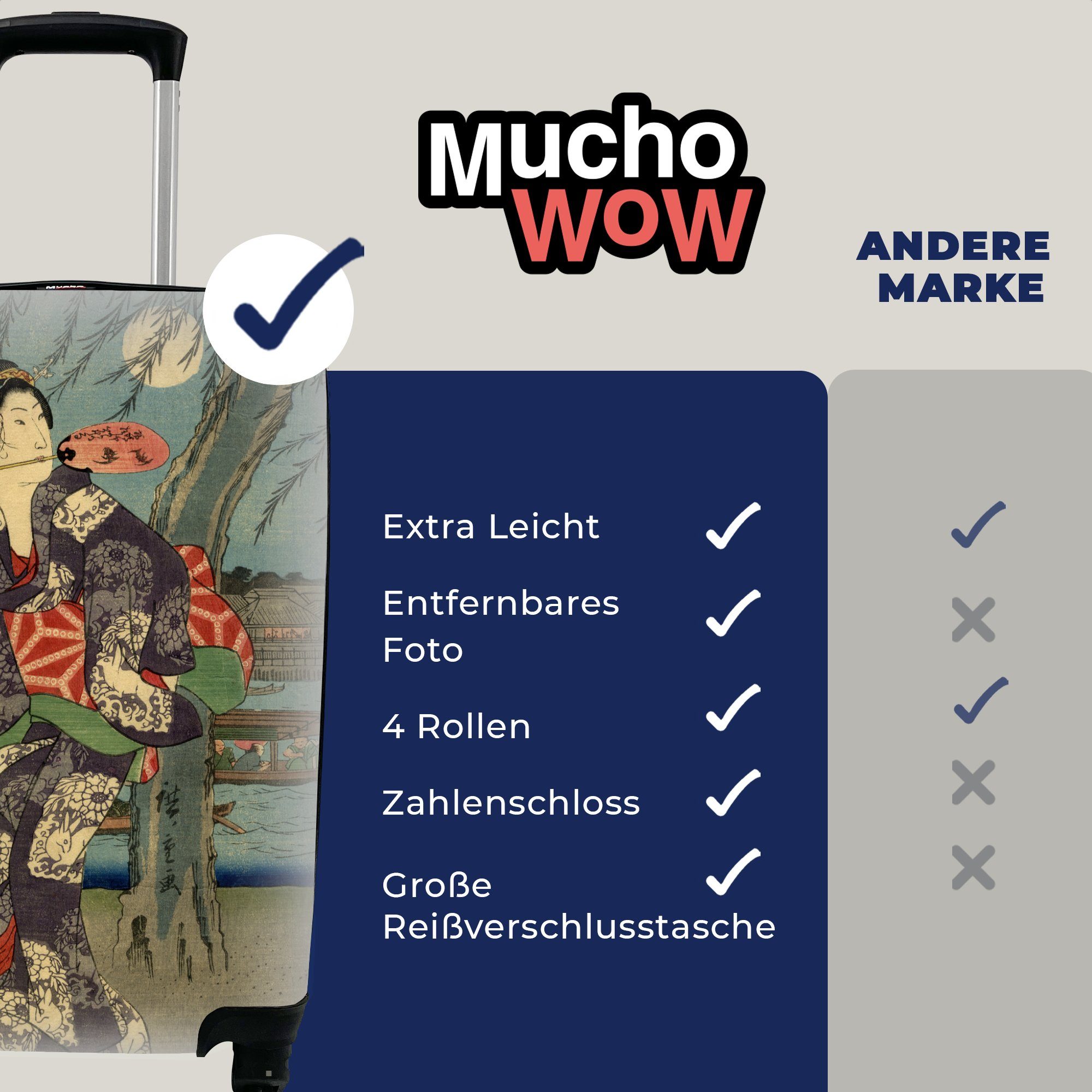 MuchoWow Handgepäckkoffer Japanischer Rollen, rollen, Hiroshige, für Handgepäck 4 mit Reisetasche Utagawa Ferien, von Reisekoffer Holzschnitt Trolley