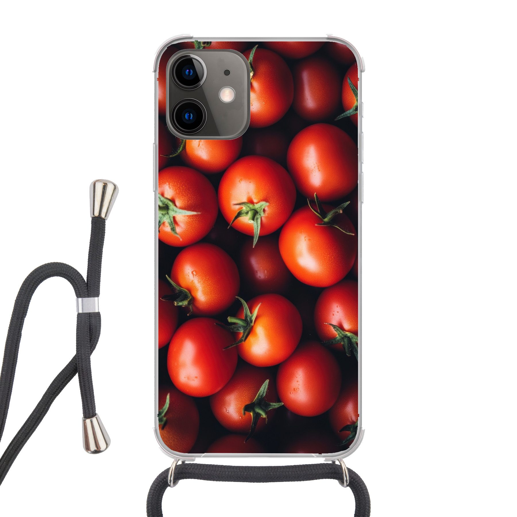 MuchoWow Handyhülle für Apple iPhone 12 Mini Gemüse - Rot - Tomaten, Tragbare Handyhüllen mit Kette zum umhängen, Handykette Handyband