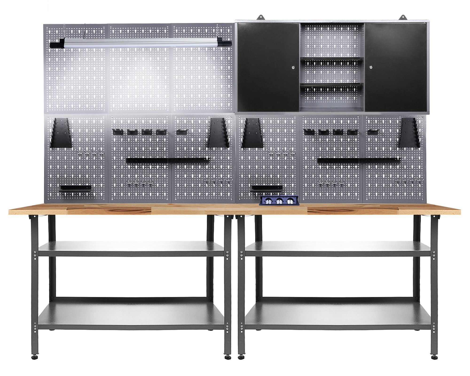 ONDIS24 Werkstatt-Set Werkstatteinrichtung 240cm Komplettset, mit LED Bluetooth Lautsprecher, Steckdosenleiste