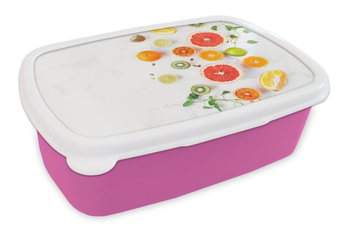 MuchoWow Lunchbox Zitrusfrüchte - Regenbogen - Obst - Sommer - Gesund, Kunststoff, (2-tlg), Brotbox für Erwachsene, Brotdose Kinder, Snackbox, Mädchen, Kunststoff rosa