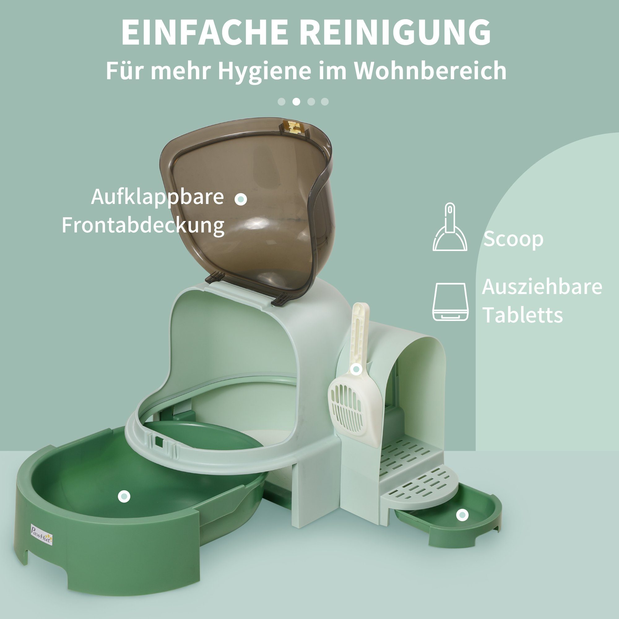 PawHut Katzentoilette geschlossenes Design, 2 Herausziehbarer Bodenwannen, Haube, Grün, 52L x 60B x 42H cm
