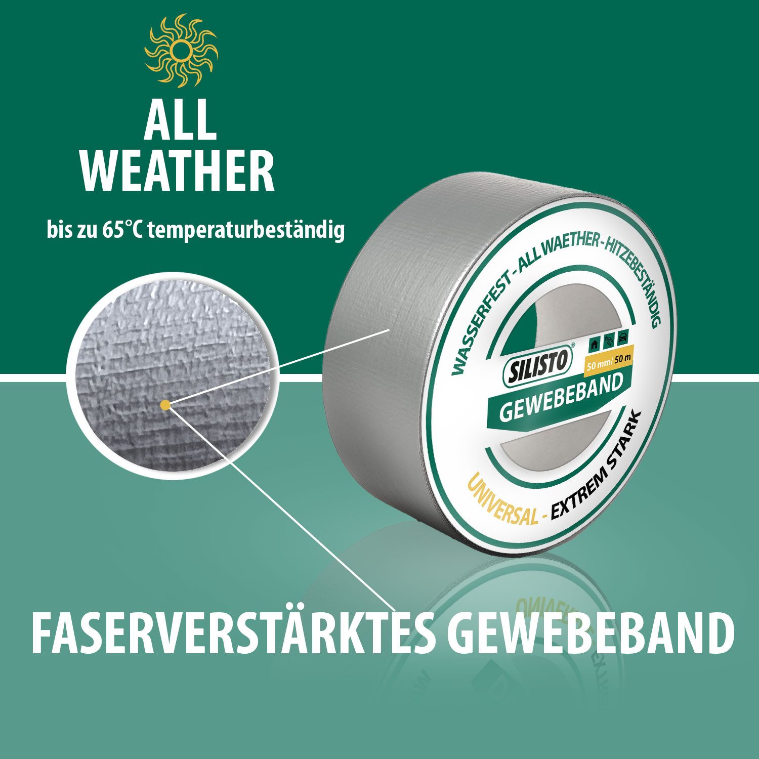 Silisto Klebeband Gewebeband Silber 50mm x 50m extrem reißfest, innen & außen bis 65°C