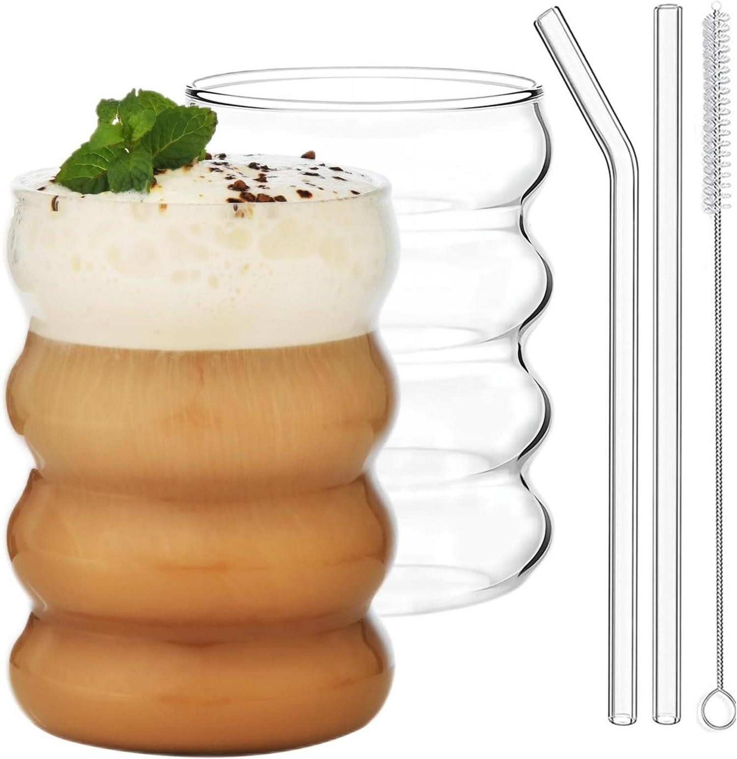 LuxusKollektion Longdrinkglas Gerippte Trinkgläser mit Glasstrohhalmen 2er Set 530ml Bubble Glas