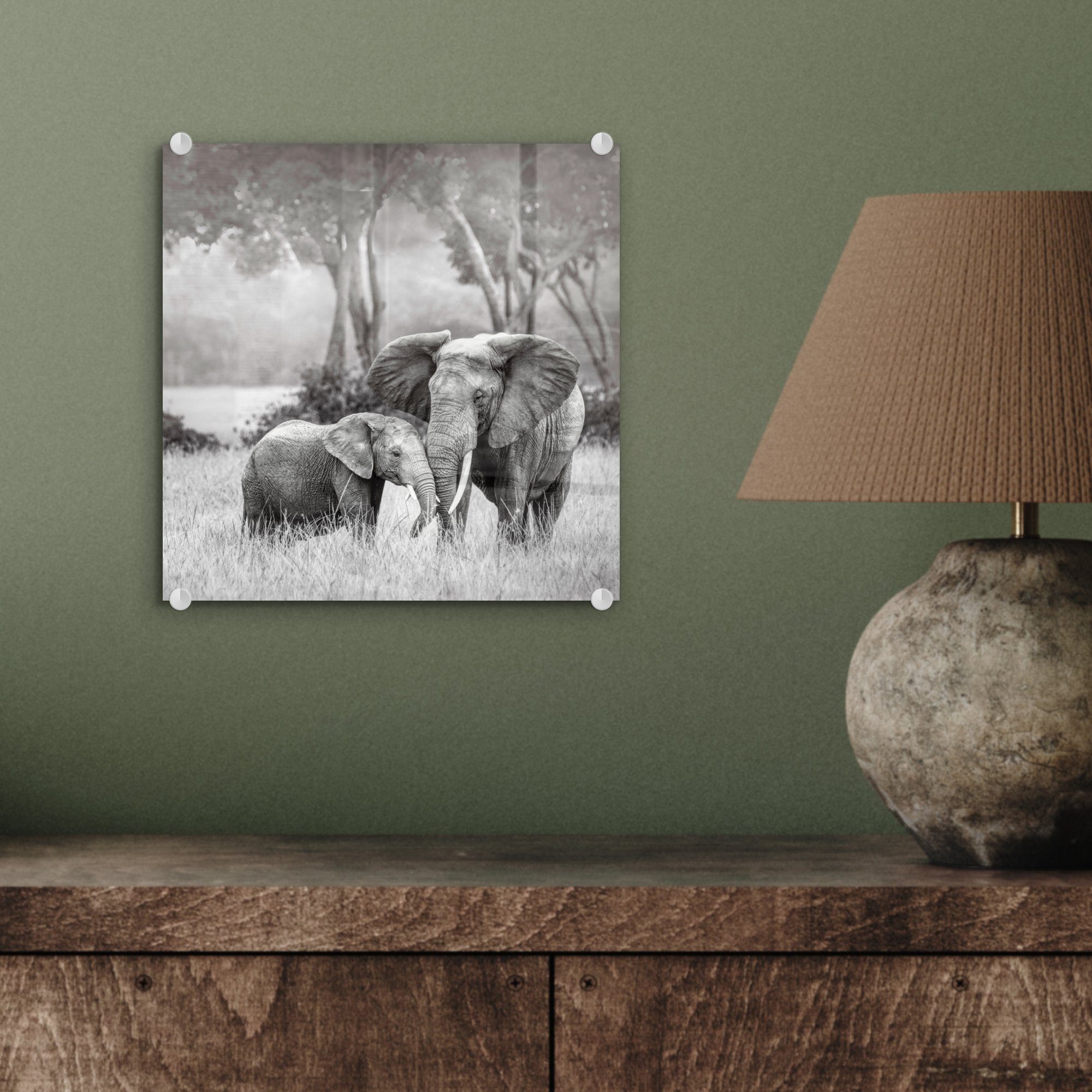 - Acrylglasbild - Schwarz auf Glas - Wandbild Elefant Bilder Glasbilder - weiß, (1 St), Glas Wanddekoration und Foto - Tiere Natur MuchoWow auf -