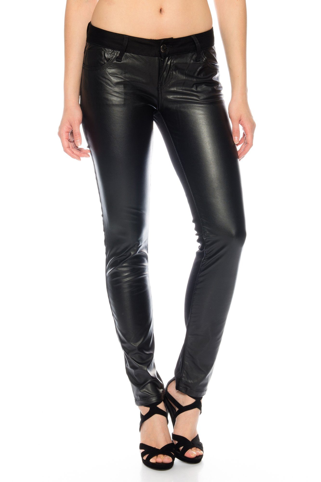 Slim-fit-Jeans Damen Jeans Hose mit Kunstlederapplikationen