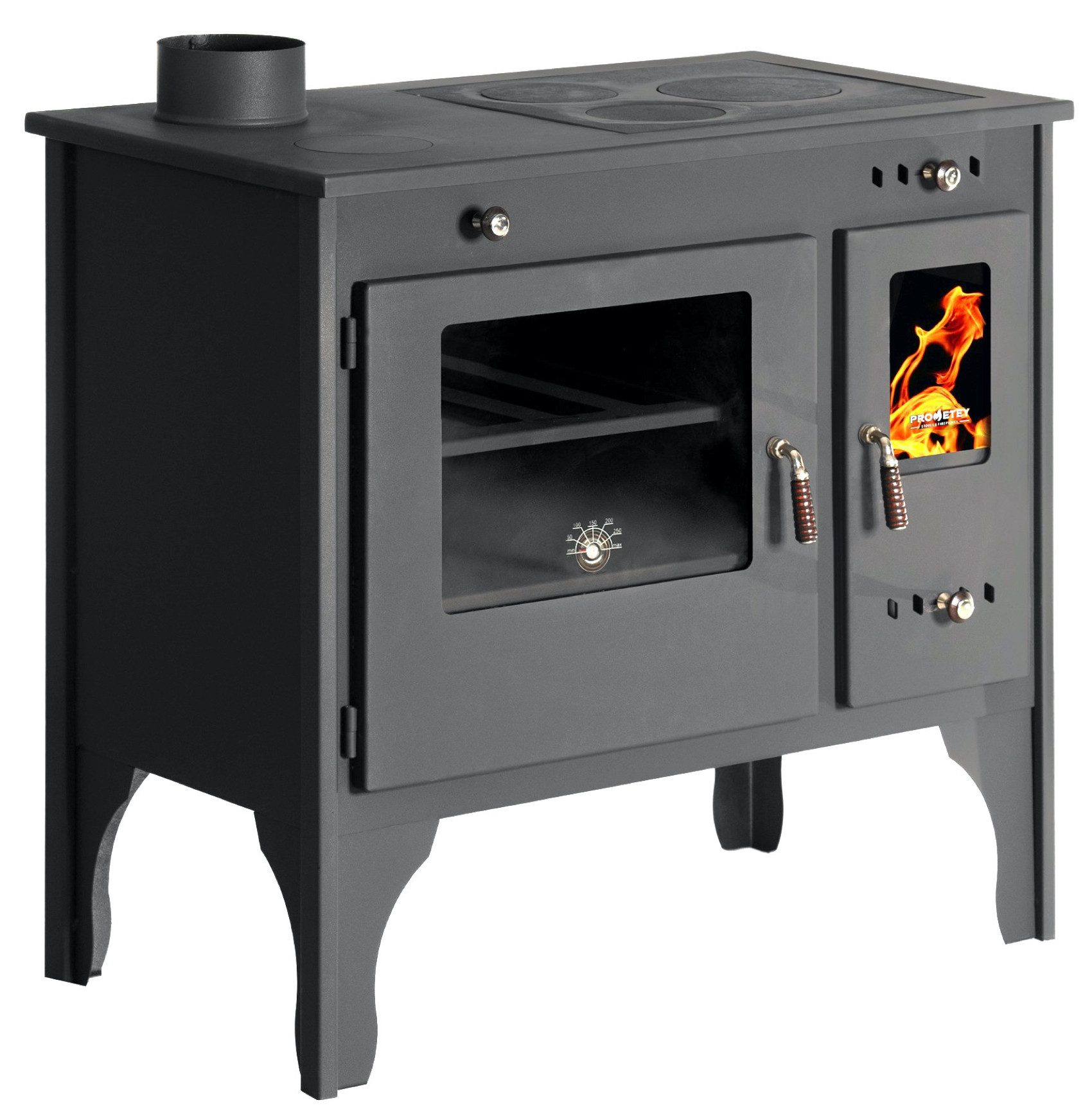 Prometey Kaminofen mit Backfach und Herdplatte Retro Eco Schwarz Links Holzofen Kamin