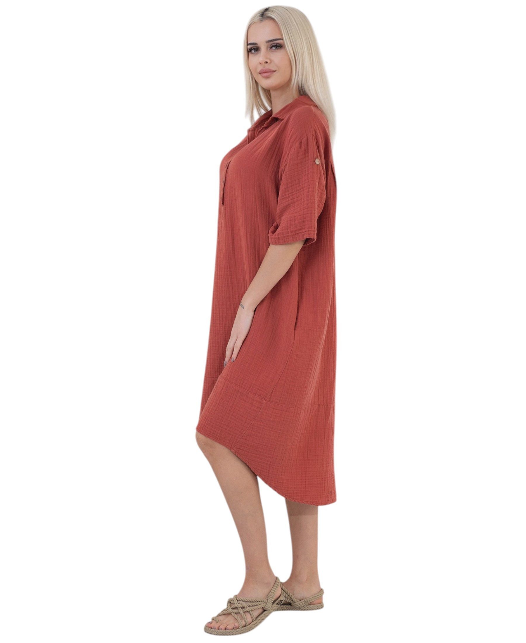 WENOR Blusenkleid Musselin Damen Tunika Kleid Baumwolle Oversize Sommerkleid Locker geschnitten mit Hemdkragen, Knopfleiste und Seitentaschen