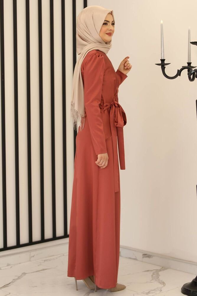 mit Satinkleid Abaya Modavitrini langärmliges Damen Abiye Hijab Maxikleid Schleife Abendkleid Ziegelsteinrot
