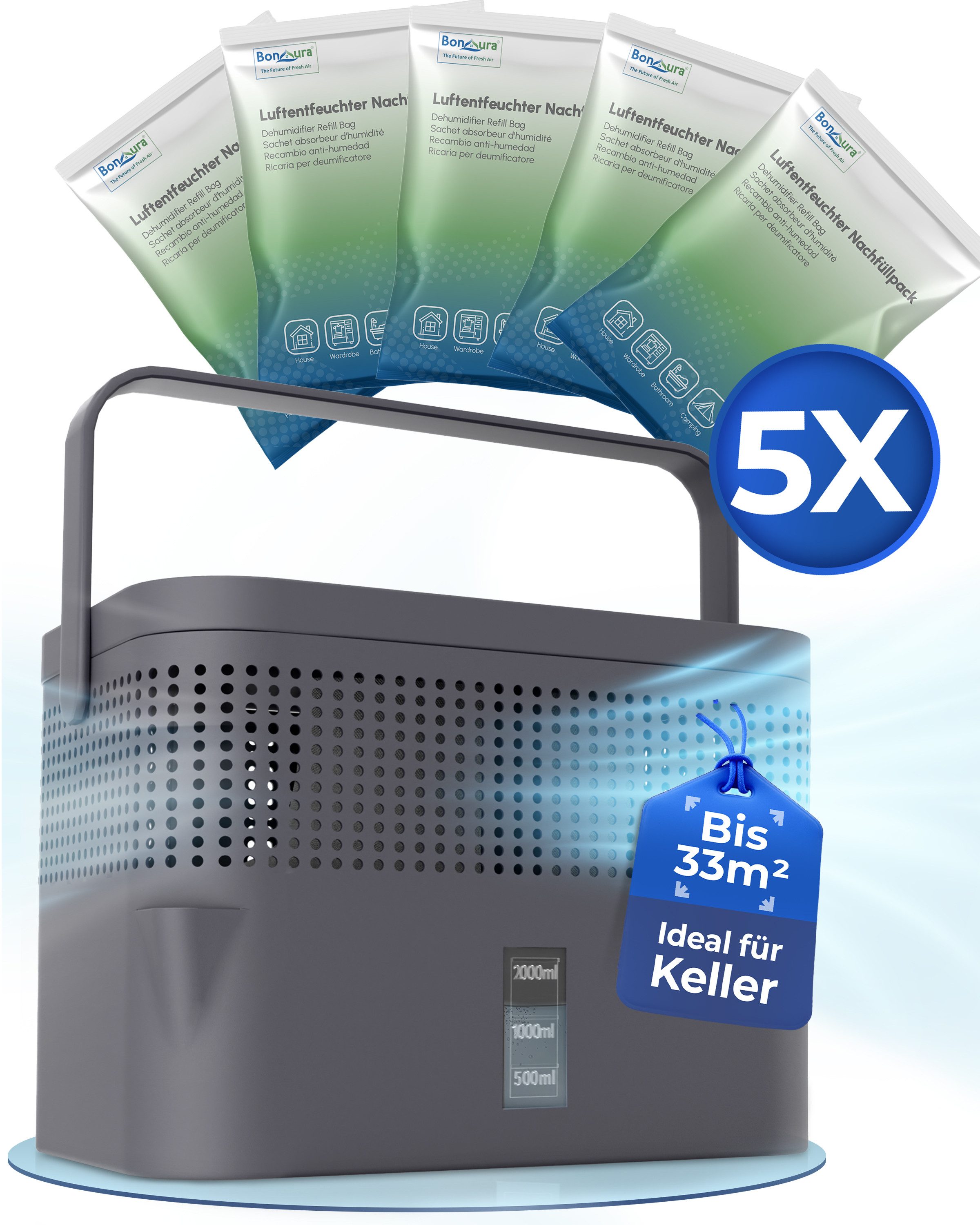 BonAura Luftentfeuchter ohne Strom, für 79 m³ Räume, Tank 2 l, 5 x 980g Gra günstig online kaufen