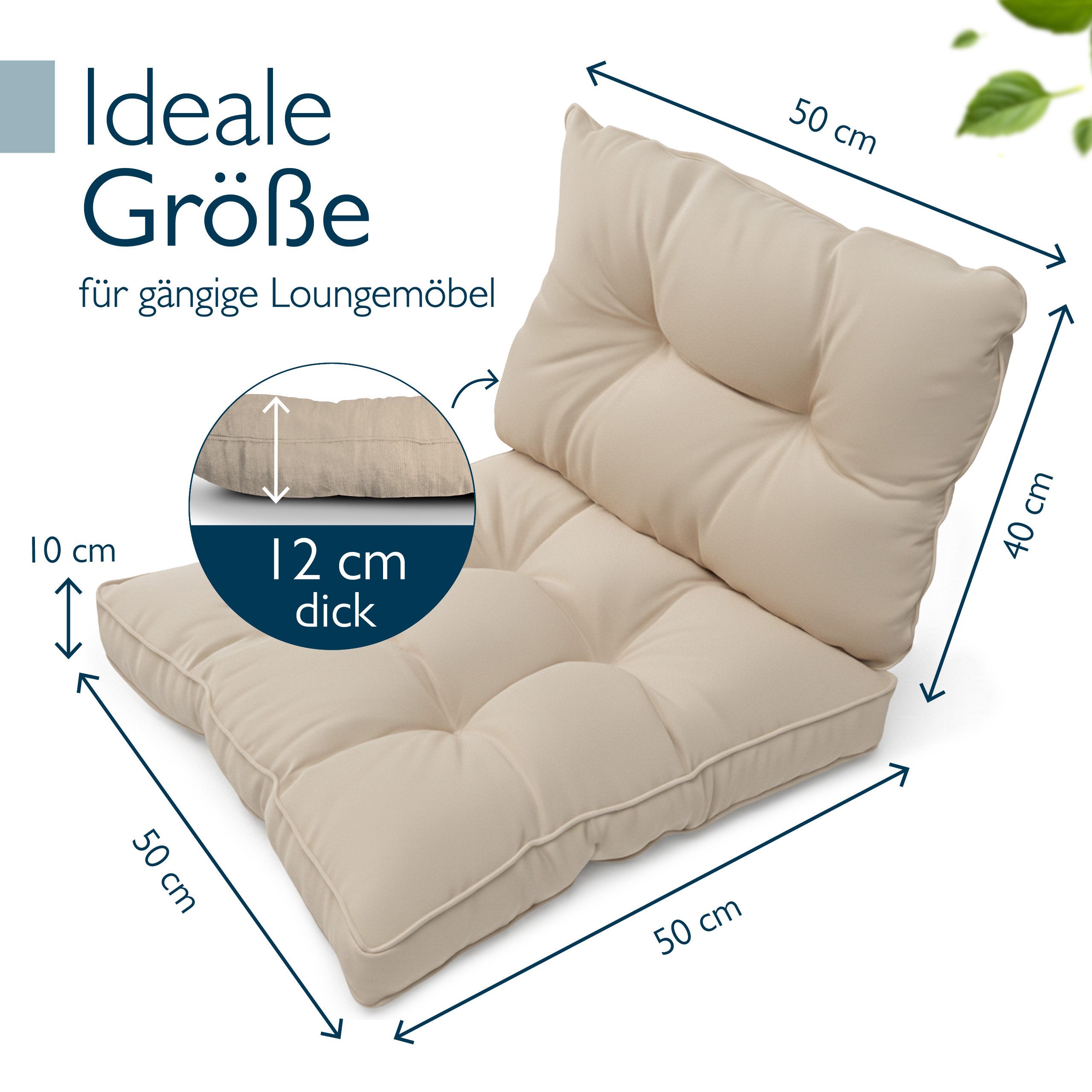 Beautissu Sitzkissen Outdoor Loungekissen Flair Sitz + Rücken 50x40cm, 50x50cm, Natur, Wetterfest Schmutzabweisend Polster für Gartenmöbel