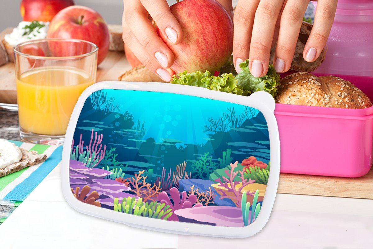 MuchoWow Lunchbox Meer - Korallen Kunststoff rosa Erwachsene, (2-tlg), für - Unterwasserwelt Brotdose Snackbox, Mädchen, Brotbox Illustration, - Kunststoff, Kinder
