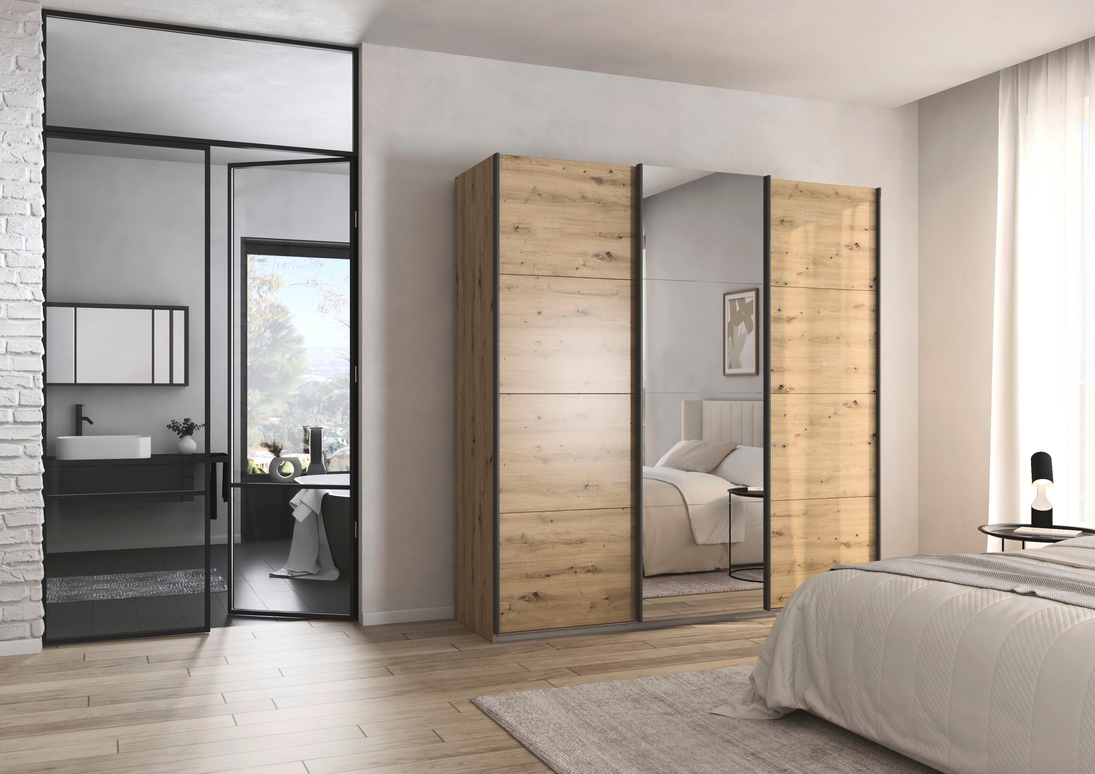 OTTO home Schwebetürenschrank Kleiderschrank Schrank Schlafzimmerschrank Garderobe AGORDO (Breiten 203/271/315/360 cm in drei Griff-Farben - NEU: Farbe SCHWARZ) Top Innenausstattung, in 4 Breiten und 2 Höhen MADE IN GERMANY