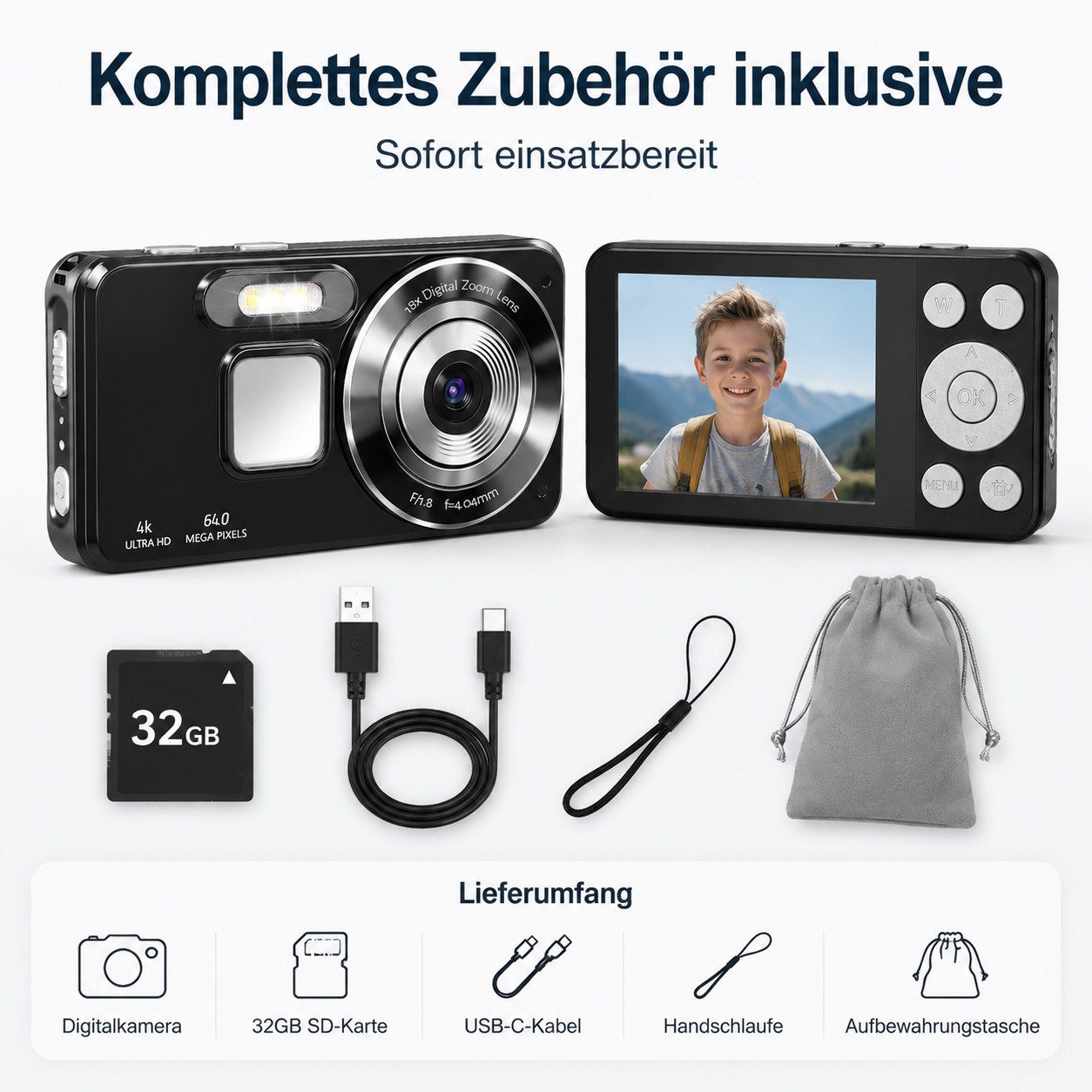 XEOOCE Digitalkamera 4K 64MP 2,8 Zoll LCD 18x Zoom Vlog Kamera Kompaktkamera (64 MP, 32-GB-SD-Karte, Transporttasche, USB-C-Kabel)