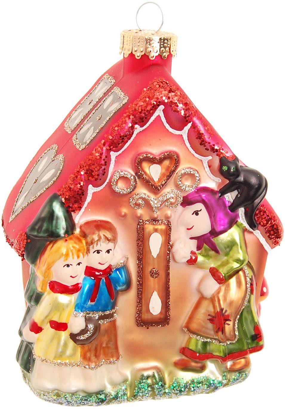 Christbaumschmuck Glasornament Lebkuchenhaus mit Hexe, Hänsel & Gretel, Höhe ca. 13 cm