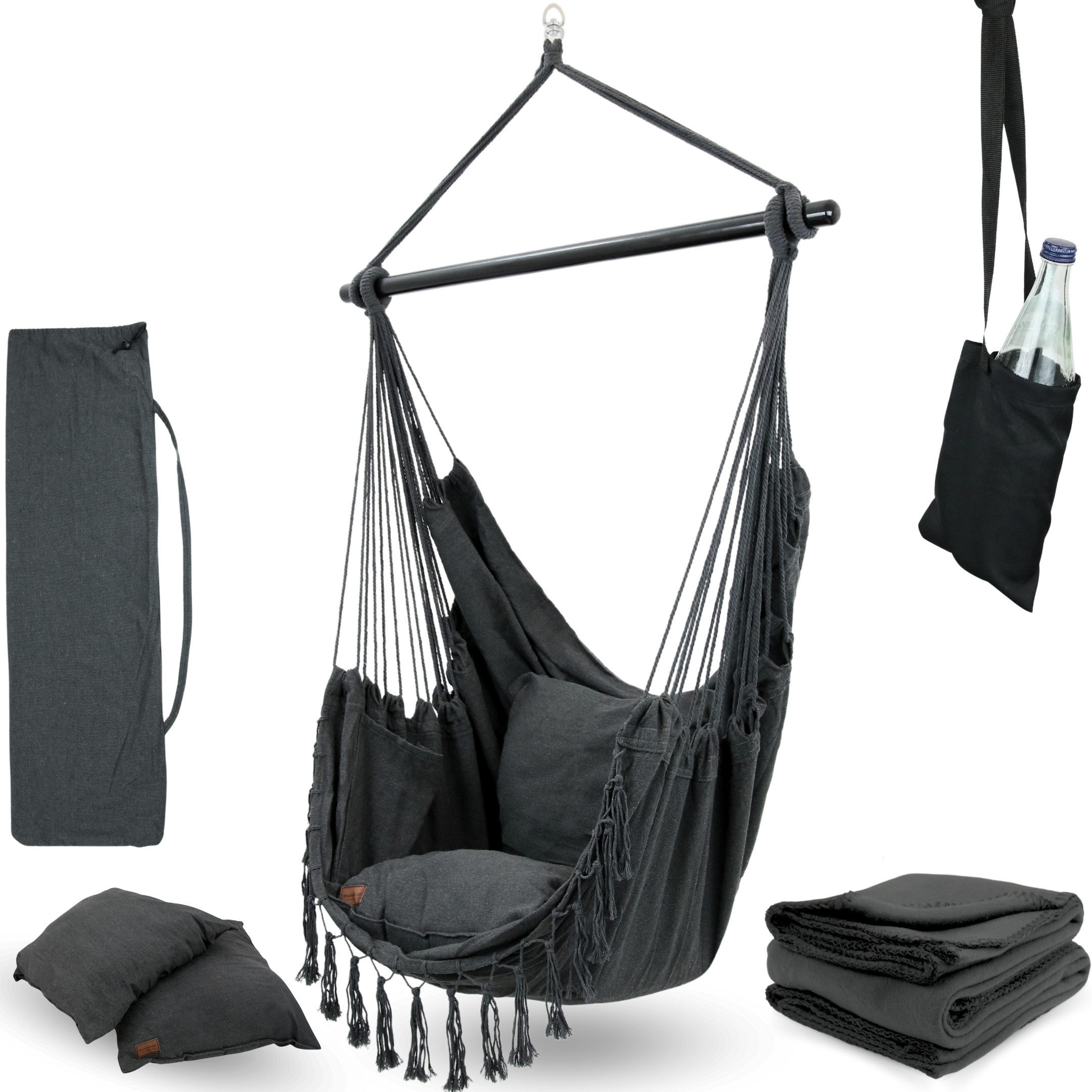 deluxe4home Hängesessel Hängeschaukel, Deckenschaukel Indoor & Outdoor I, inkl. Kissen, Kuscheldecke & Getränkehalter